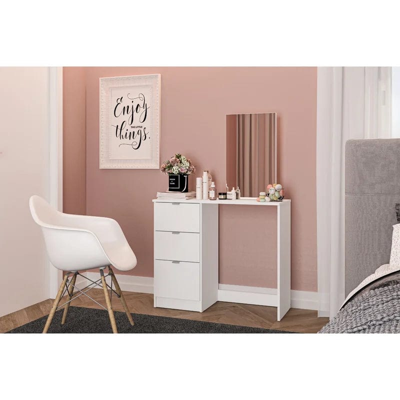Saihemei White Vanity Table with Mirror, Vanity Mirror Desk for Bedroom, Vanity Desk with 3 Storage Drawers for Women