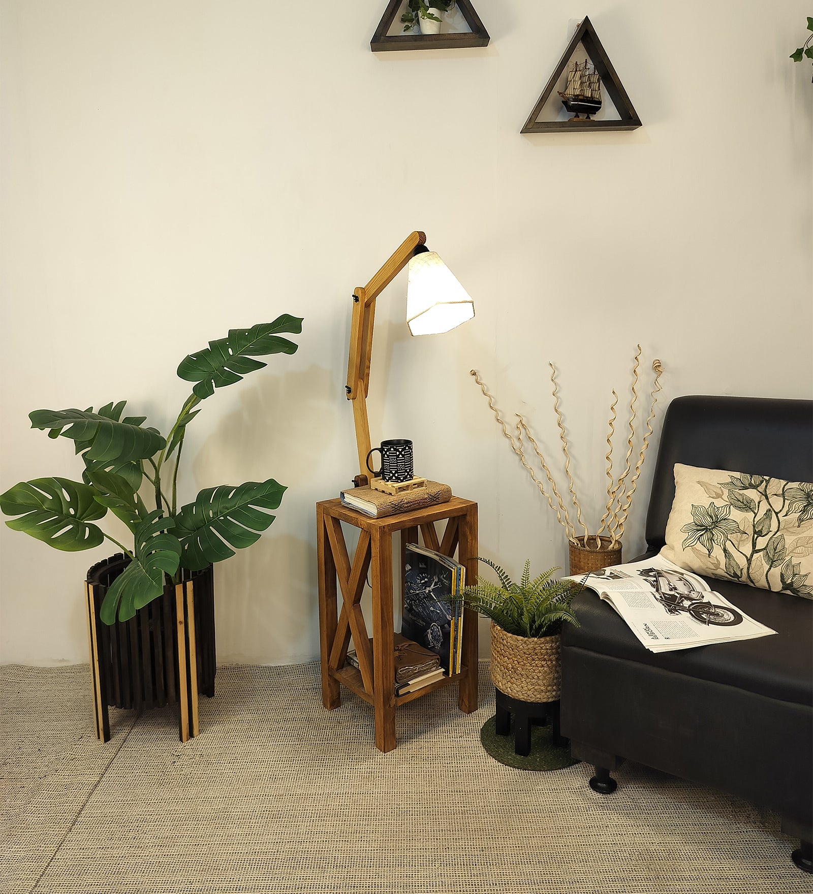 Maurice Wooden Floor Lamp with Brown Base and Jute Fabric Lampshade (BULB NOT INCLUDED)