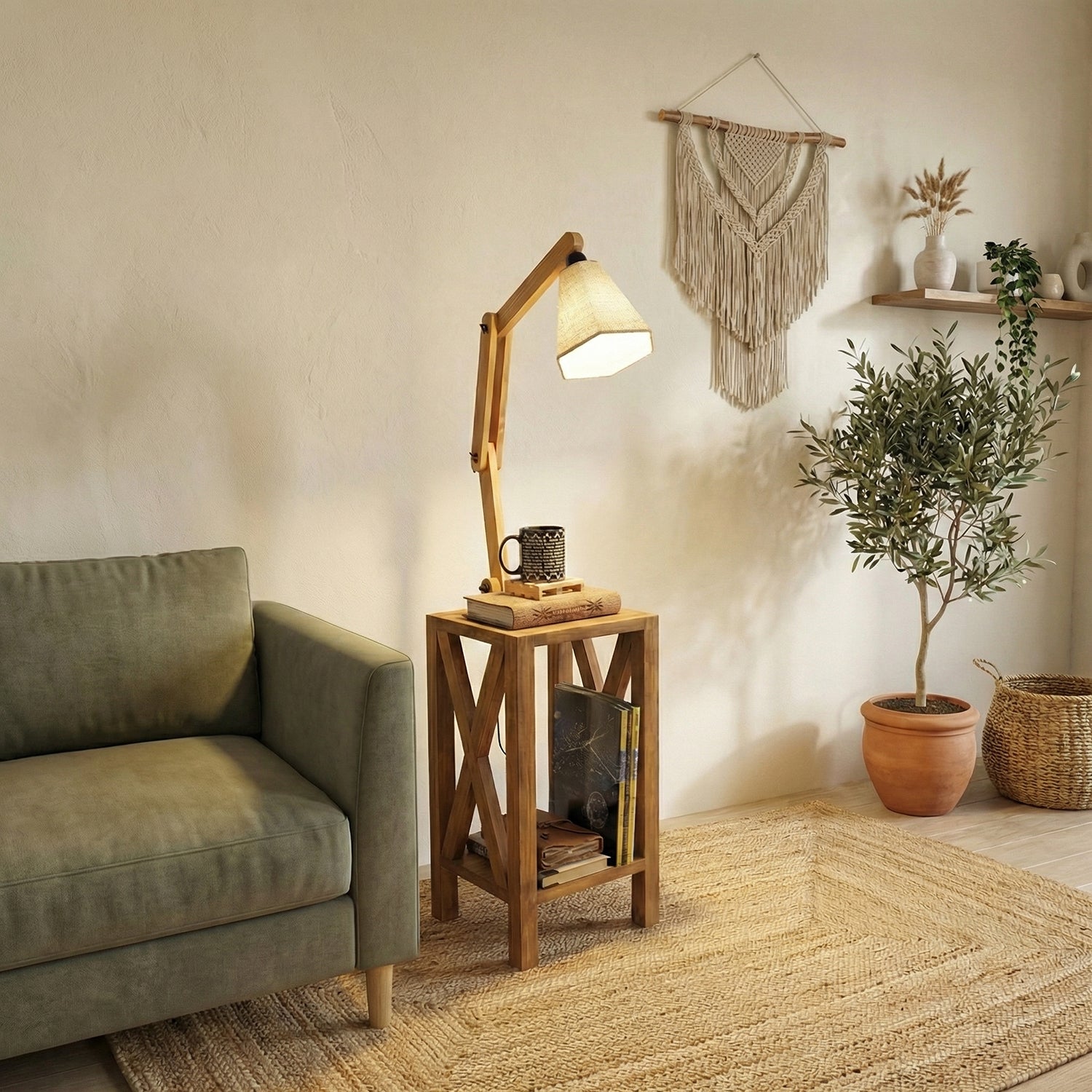 Maurice Wooden Floor Lamp with Brown Base and Jute Fabric Lampshade (BULB NOT INCLUDED)