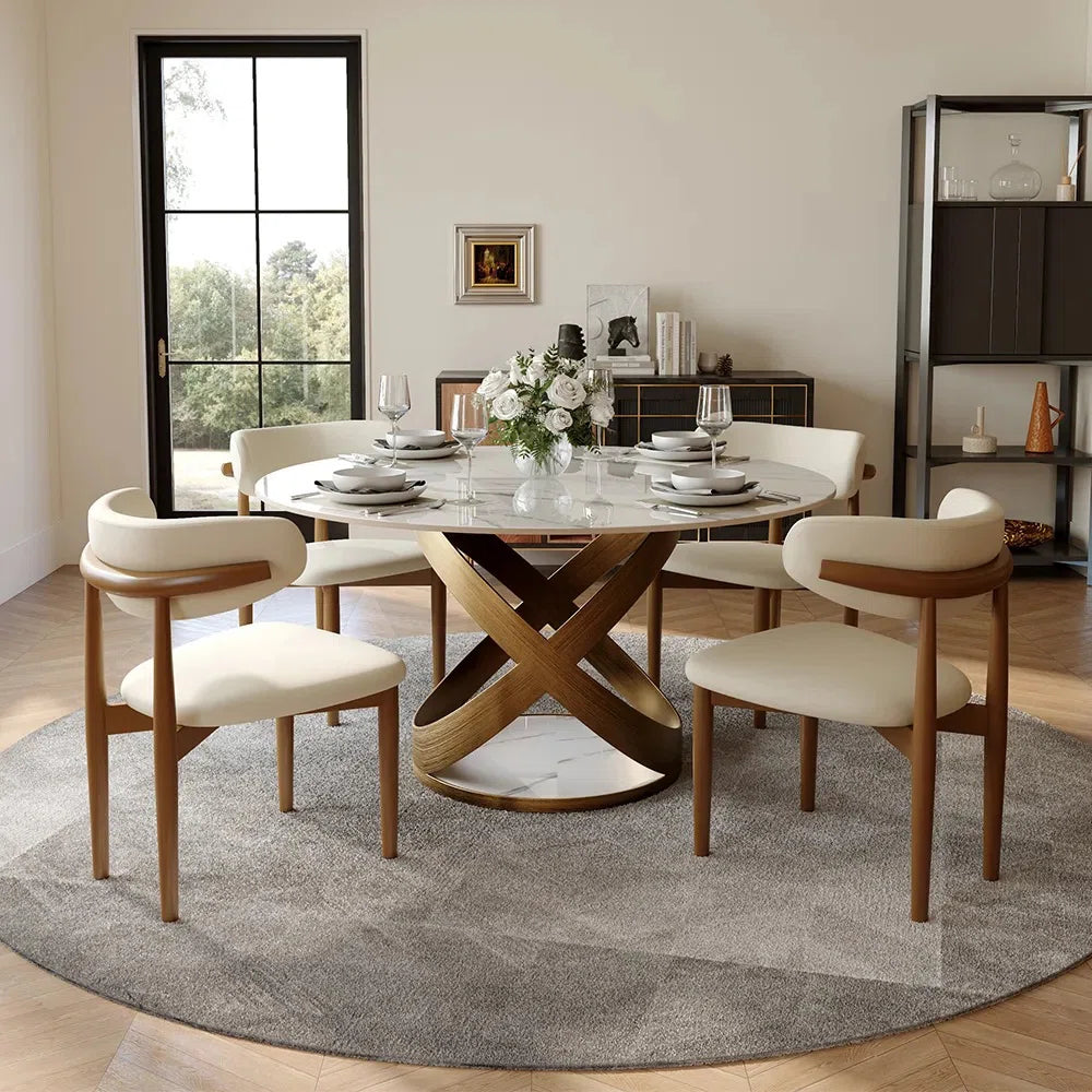 Maxwell Modern Dining Room Sets, Pre-Assembly Round Dining Table Sets, Sintered Stone Tabletop Kitchen Dining Table Set With Upholstered Chairs- OUCH CART 