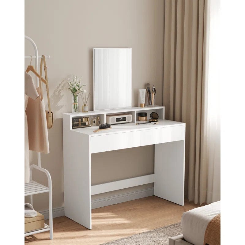 Vanity Desk with Mirror, Two Drawer Storage Makeup Table - Vanity Set for Bedroom (White)