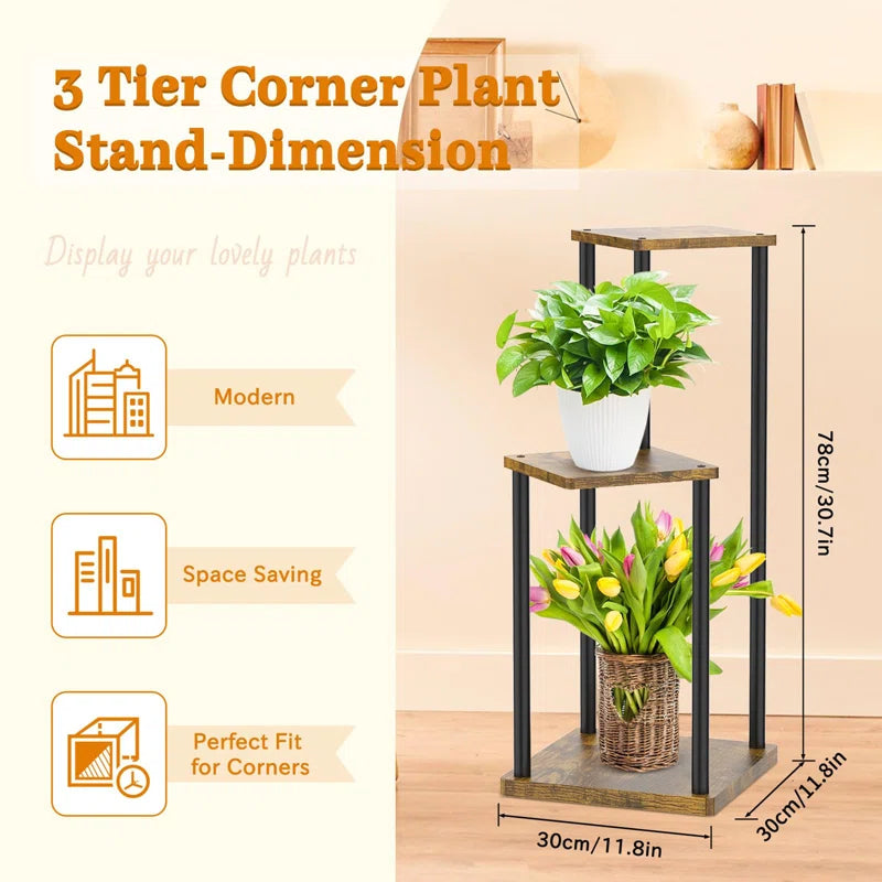 3-Tier Iron & Wood Corner Plant Stand