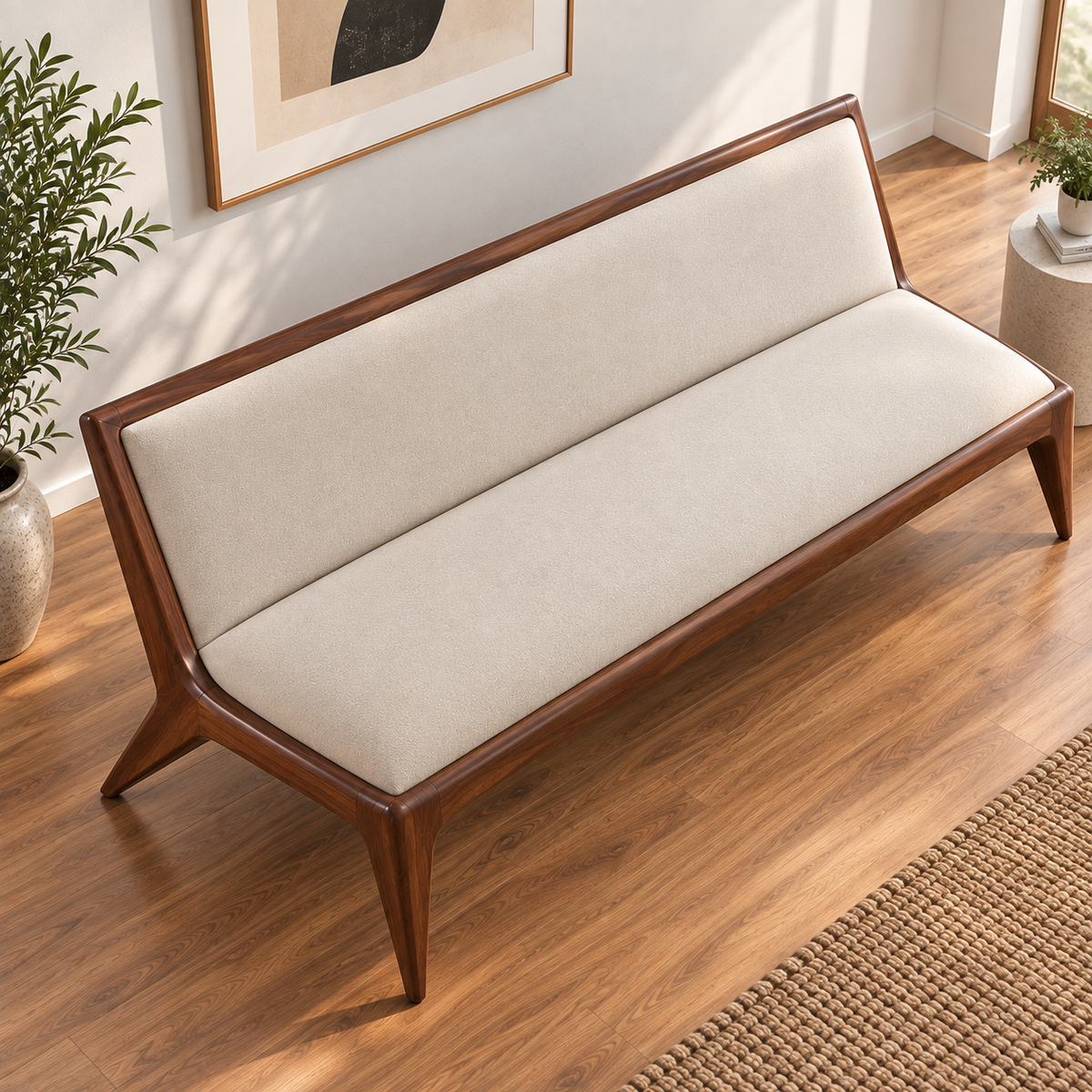 Mid-Century Modern Wooden Sofa | Solid Walnut Finish 3 Seater Sofa with Cream Upholstery & Tapered Legs for Living Room