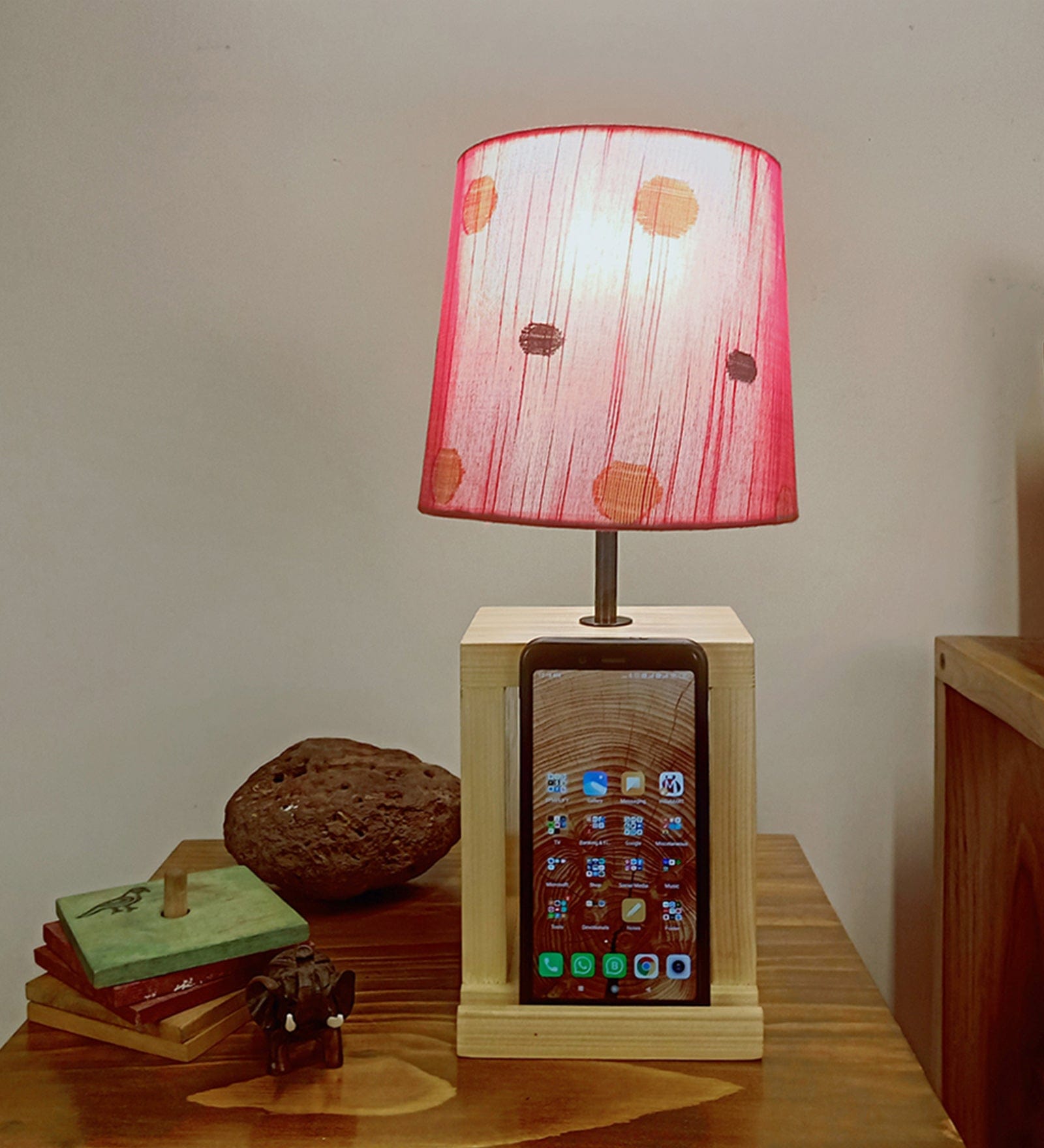 Moby Beige Wooden Table Lamp with Red Printed Fabric Lampshade (BULB NOT INCLUDED)