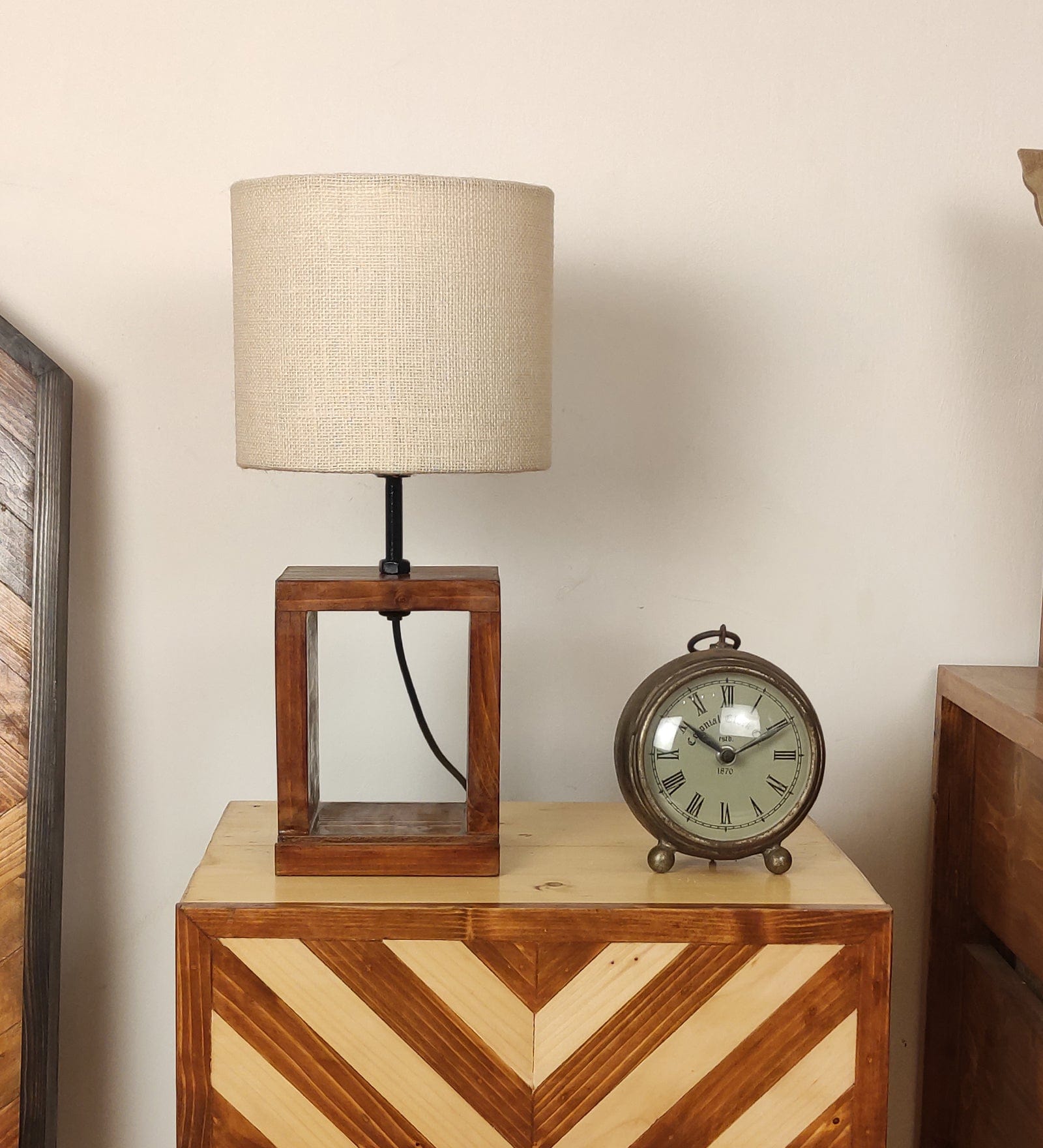 Moby Brown Wooden Table Lamp with Yellow Printed Fabric Lampshade (BULB NOT INCLUDED)