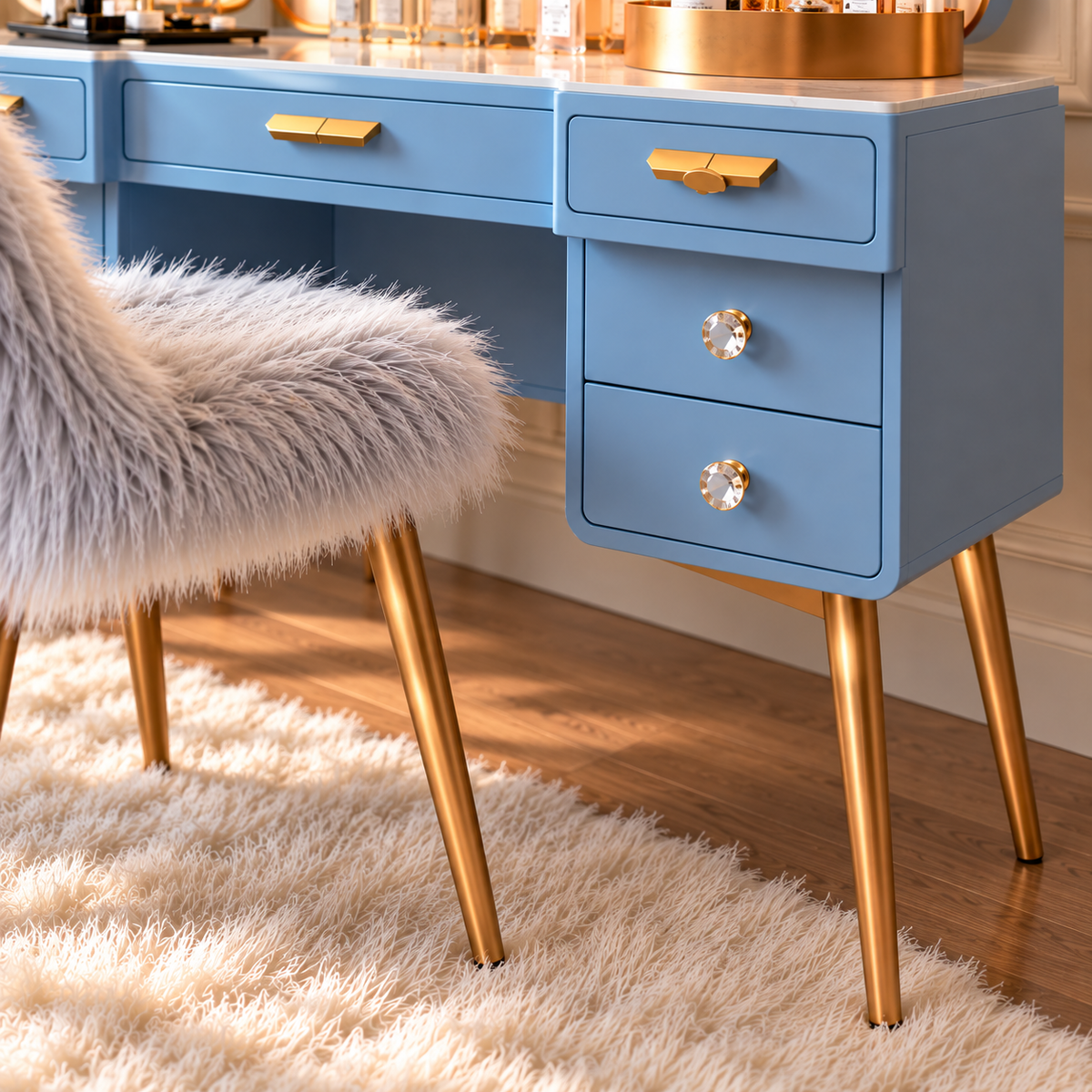 Modern Blue Dressing Table with LED Tri-Fold Mirror, 5 Drawers, Gold Metal Legs and Handles, Luxury Makeup Vanity Table with Marble Top and Matching Faux Fur Stool for Bedroom