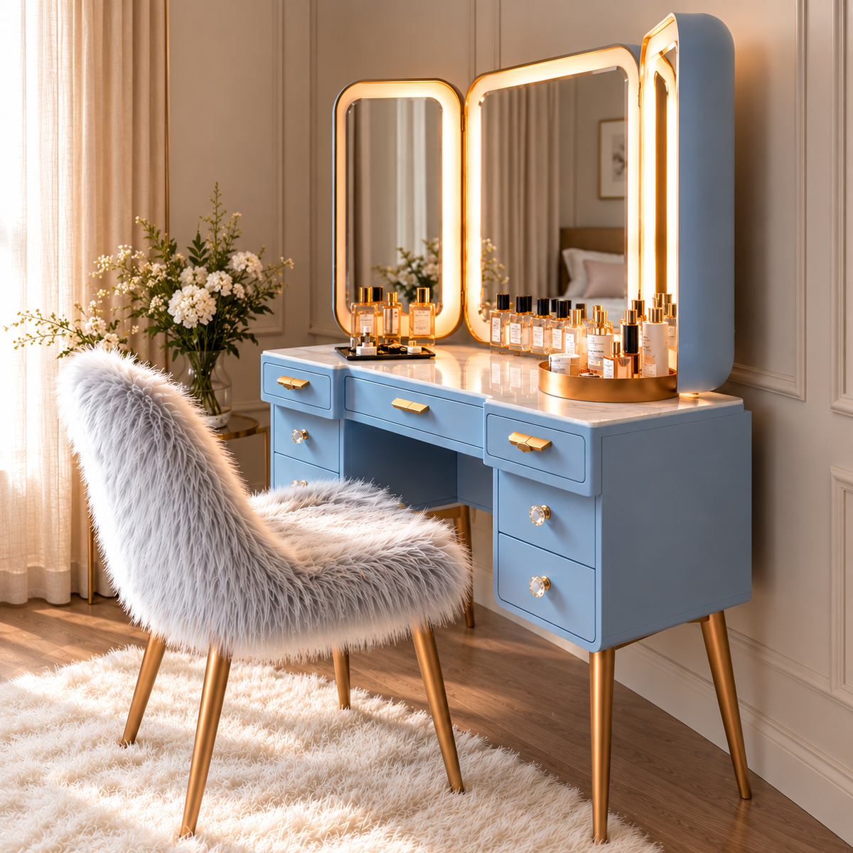 Modern Blue Dressing Table with LED Tri-Fold Mirror, 5 Drawers, Gold Metal Legs and Handles, Luxury Makeup Vanity Table with Marble Top and Matching Faux Fur Stool for Bedroom