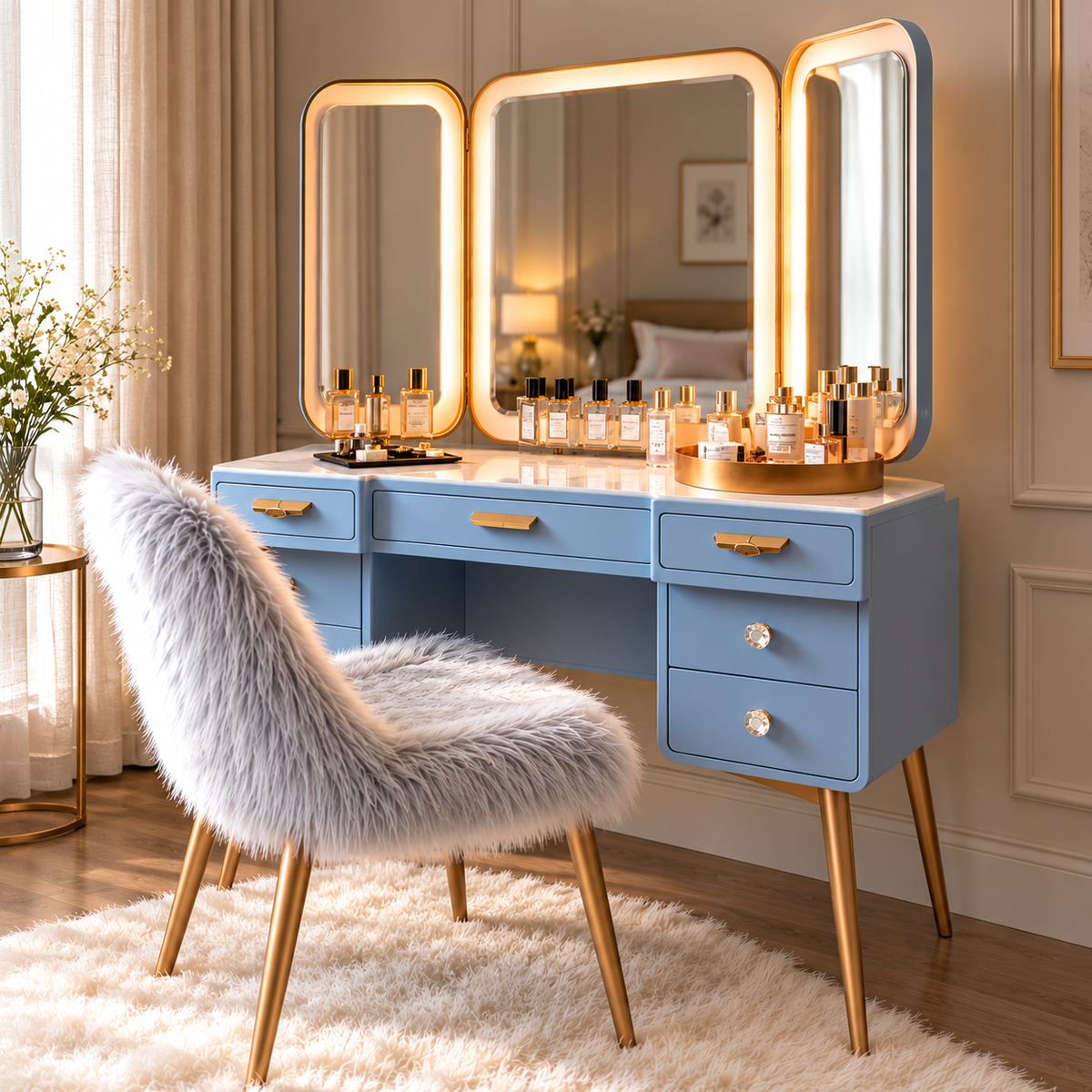 Modern Blue Dressing Table with LED Tri-Fold Mirror, 5 Drawers, Gold Metal Legs and Handles, Luxury Makeup Vanity Table with Marble Top and Matching Faux Fur Stool for Bedroom