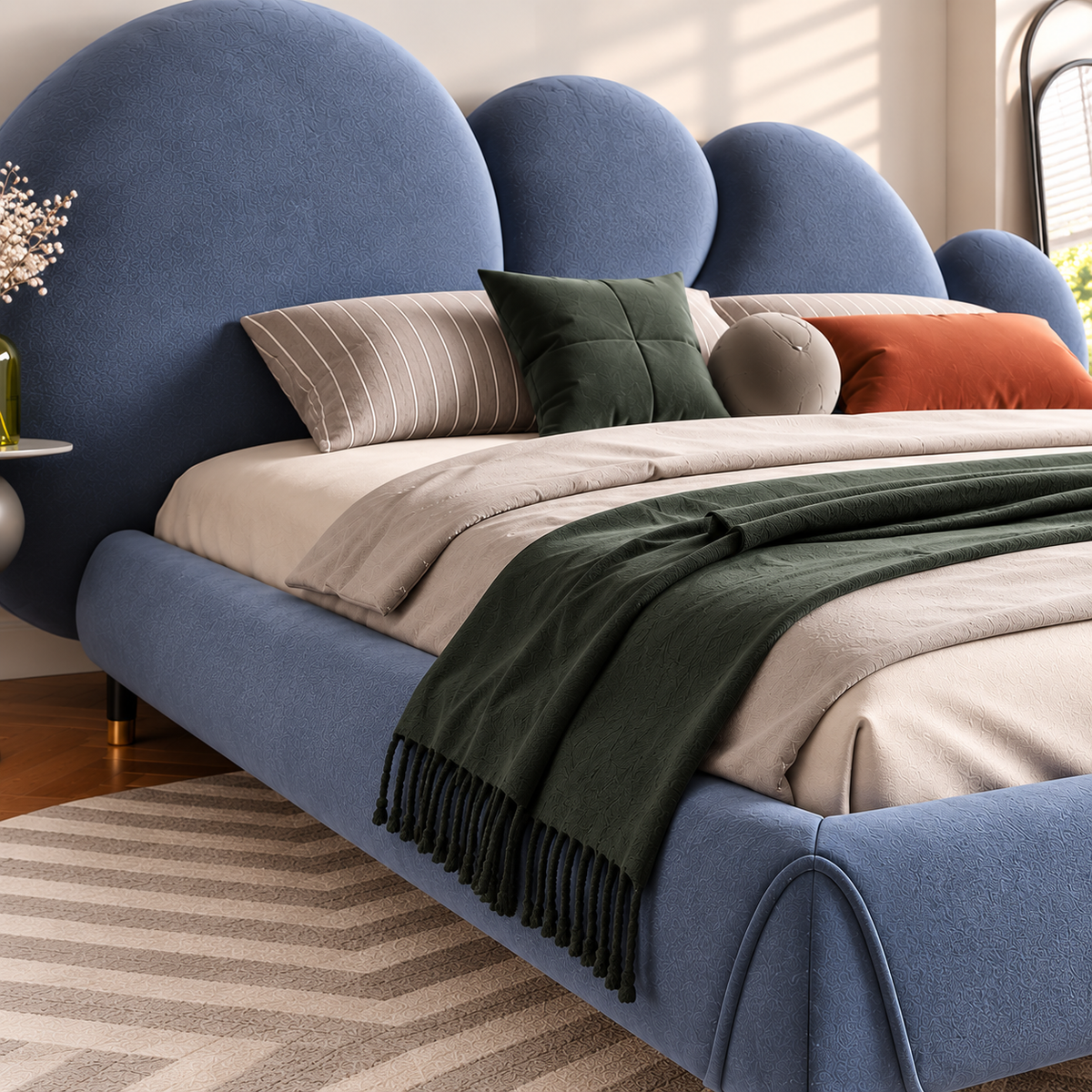 Modern Blue Upholstered Bed with Curved Cloud Headboard