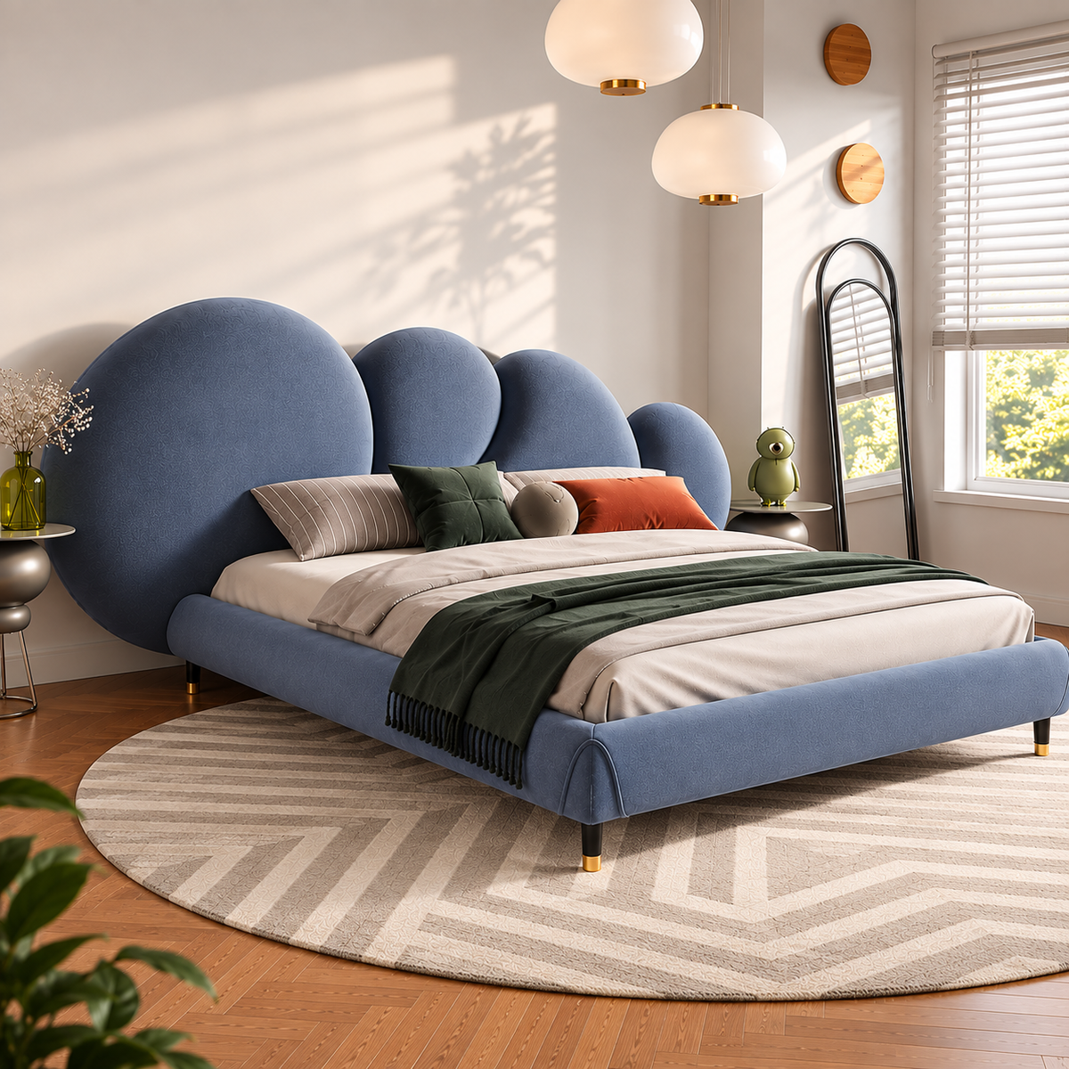 Modern Blue Upholstered Bed with Curved Cloud Headboard