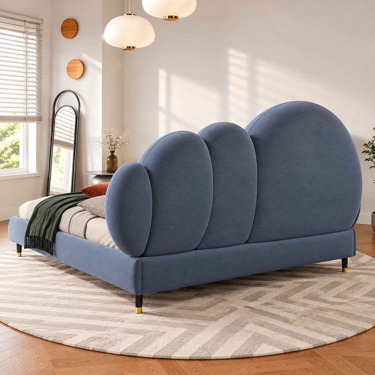 Modern Blue Upholstered Bed with Curved Cloud Headboard
