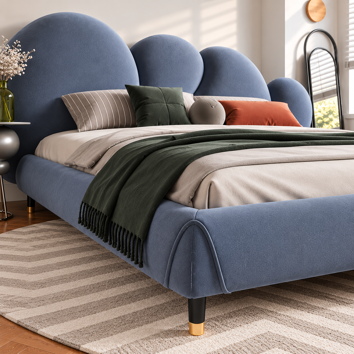 Modern Blue Upholstered Bed with Curved Cloud Headboard
