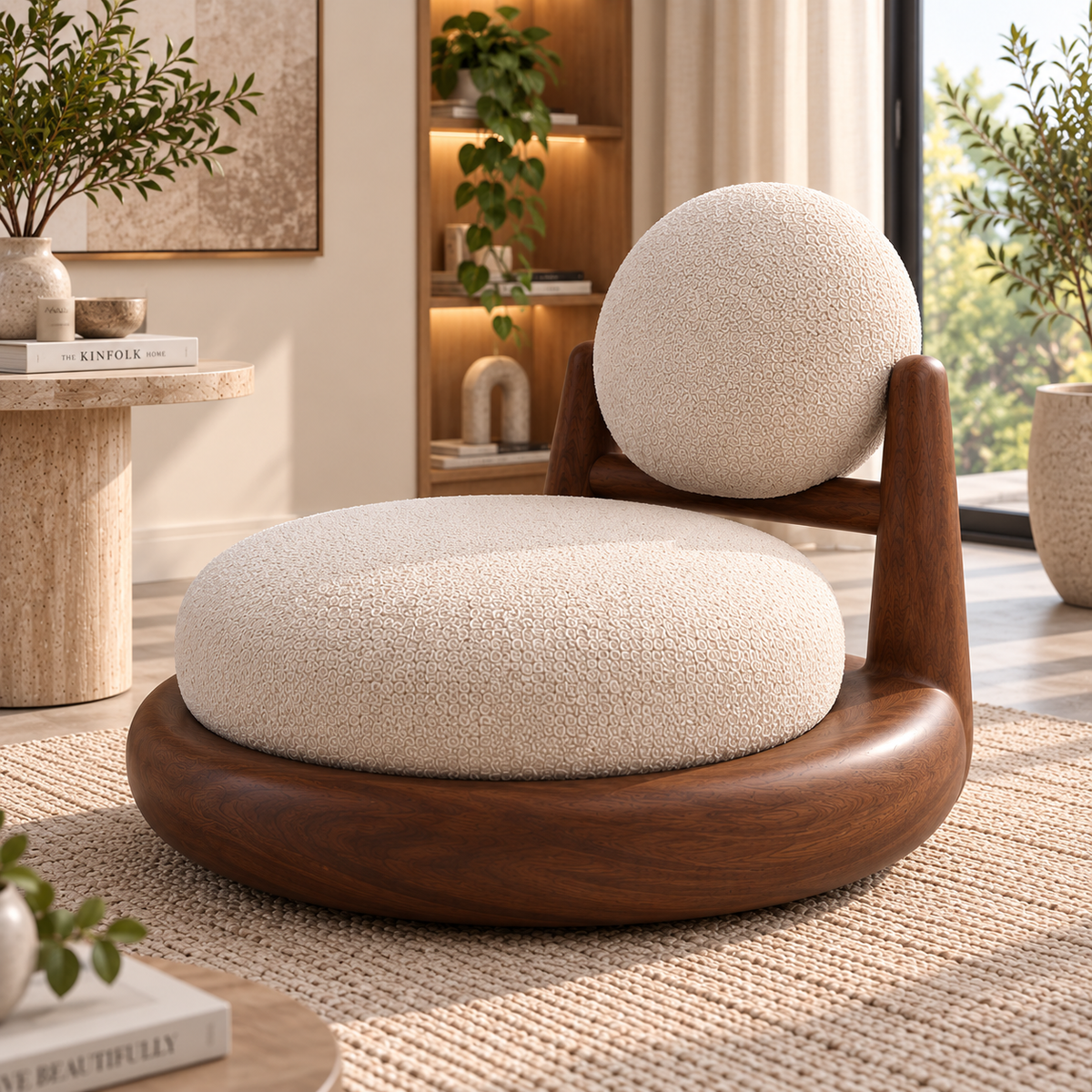Modern Boucle Lounge Chair with Wooden Frame, Cream Upholstered Accent Chair with Round Back Cushion, Curved Relaxation Chair for Living Room, Bedroom & Reading Corner