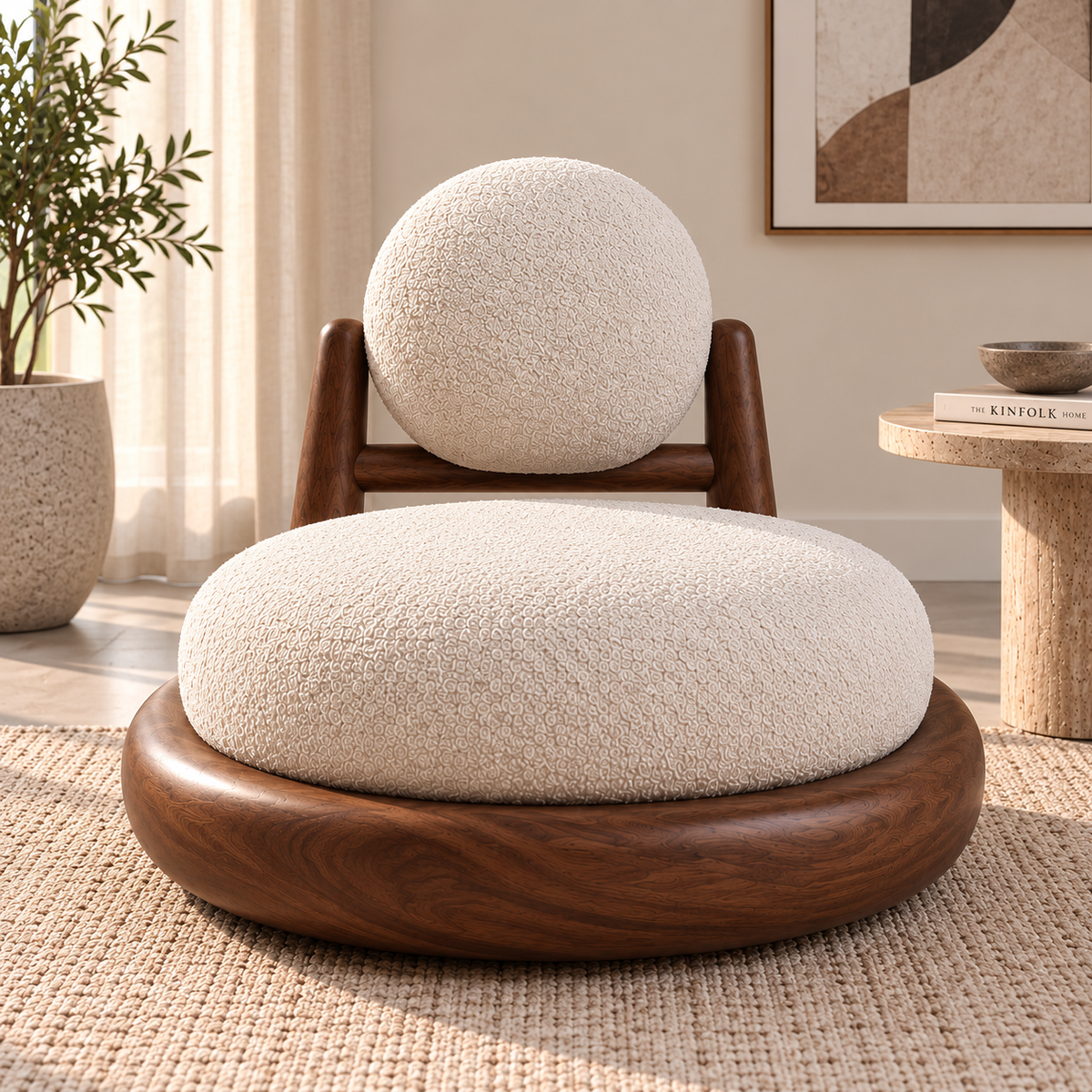 Modern Boucle Lounge Chair with Wooden Frame, Cream Upholstered Accent Chair with Round Back Cushion, Curved Relaxation Chair for Living Room, Bedroom & Reading Corner