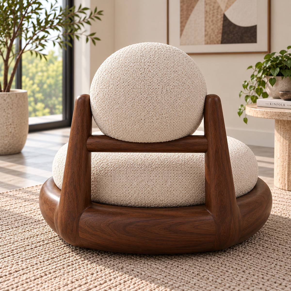 Modern Boucle Lounge Chair with Wooden Frame, Cream Upholstered Accent Chair with Round Back Cushion, Curved Relaxation Chair for Living Room, Bedroom & Reading Corner