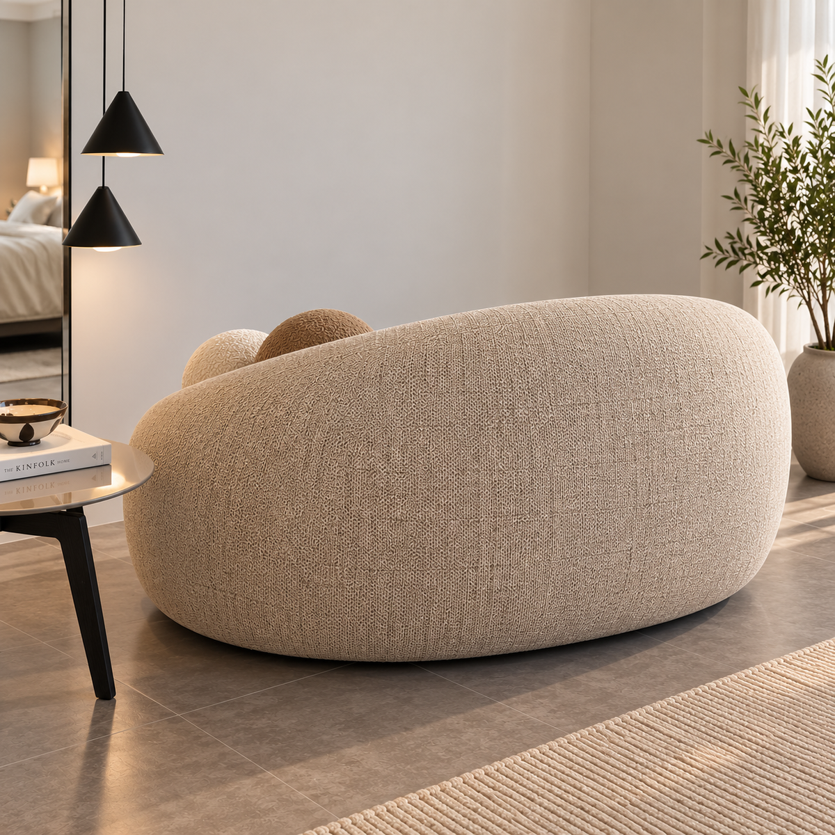 Modern Boucle Sofa for Living Room, Curved Round 2 Seater Sofa with Plush Upholstery & Decorative Ball Cushions, Beige Accent Sofa for Bedroom, Lounge & Reception