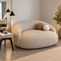 Modern Boucle Sofa for Living Room, Curved Round 2 Seater Sofa with Plush Upholstery & Decorative Ball Cushions, Beige Accent Sofa for Bedroom, Lounge & Reception
