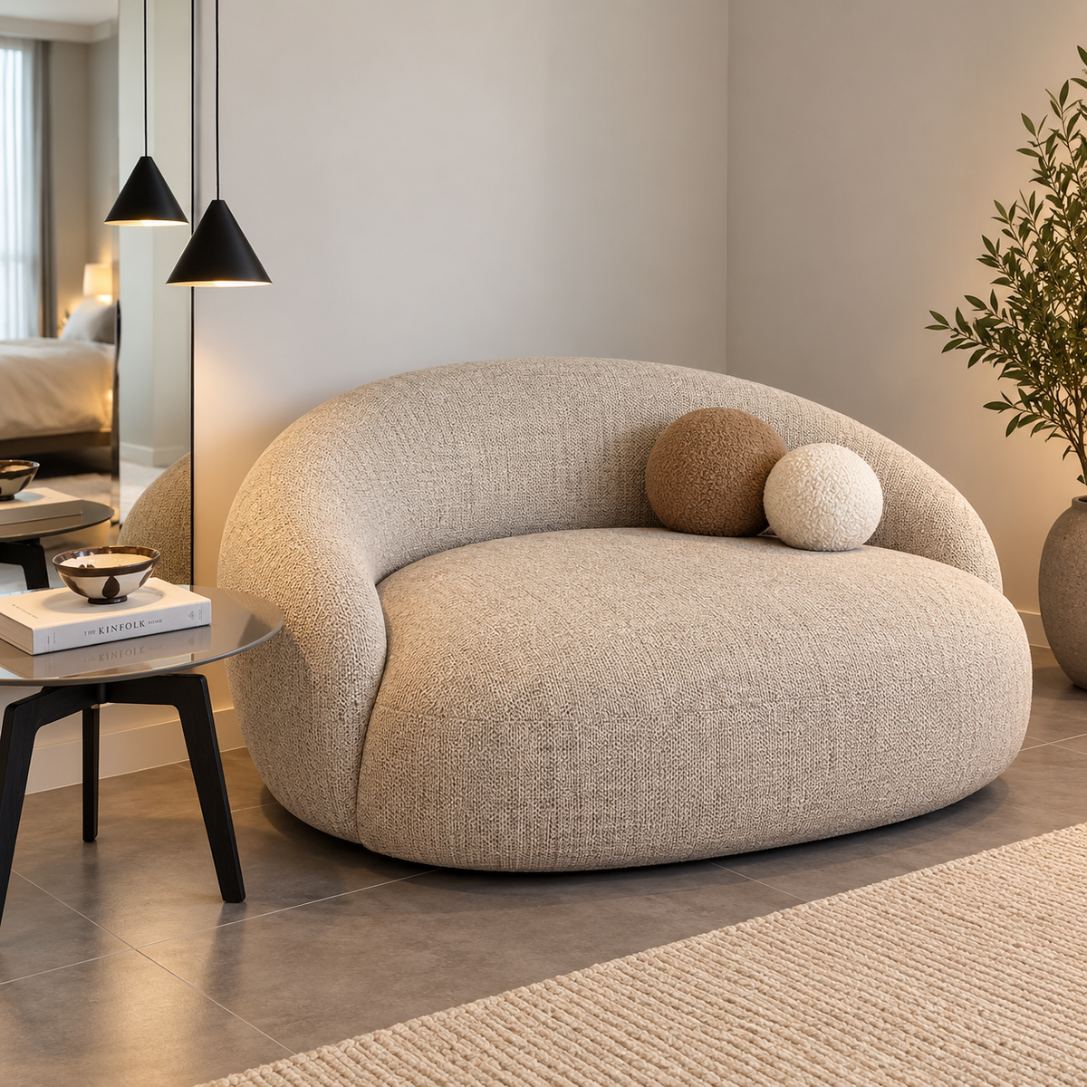 Modern Boucle Sofa for Living Room, Curved Round 2 Seater Sofa with Plush Upholstery & Decorative Ball Cushions, Beige Accent Sofa for Bedroom, Lounge & Reception