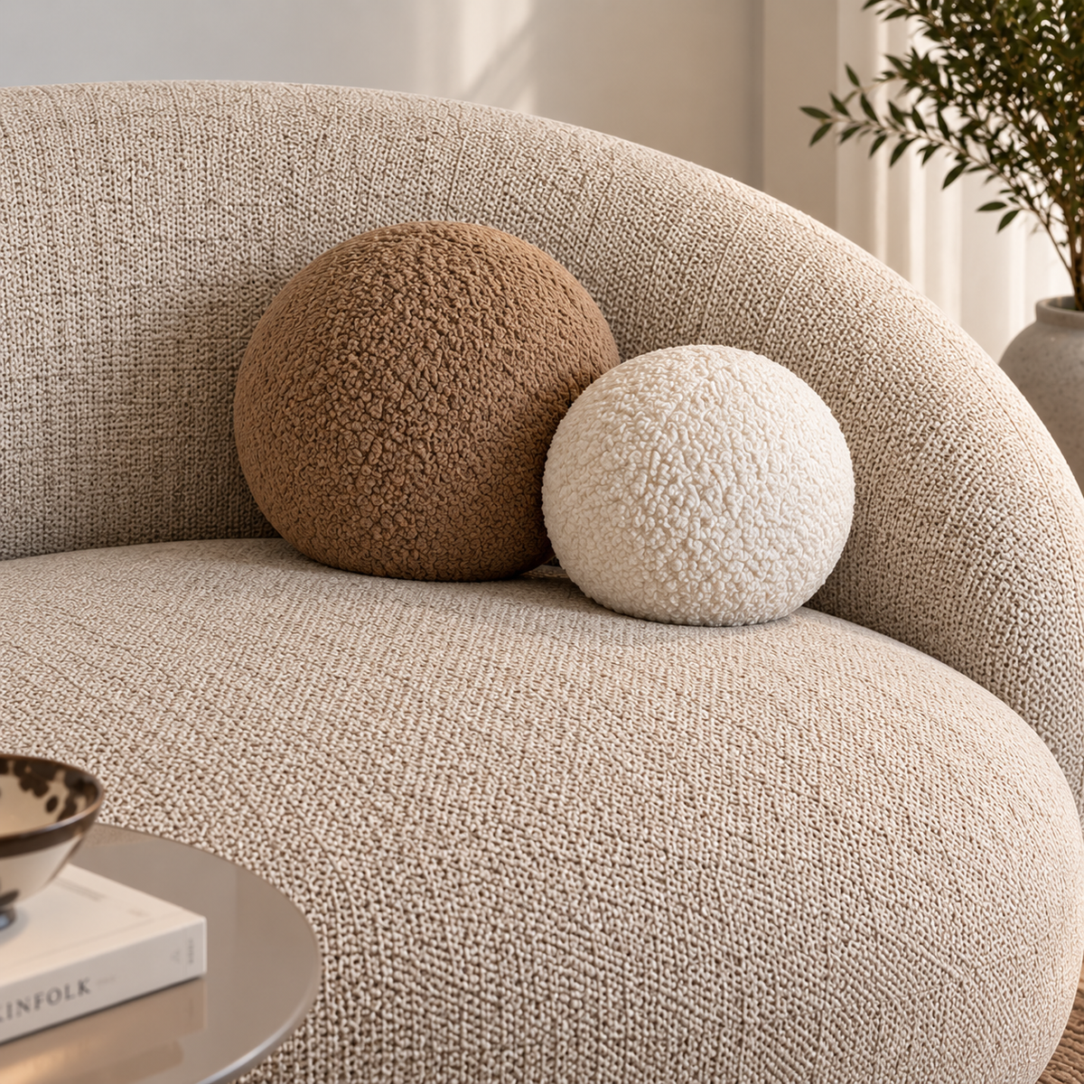 Modern Boucle Sofa for Living Room, Curved Round 2 Seater Sofa with Plush Upholstery & Decorative Ball Cushions, Beige Accent Sofa for Bedroom, Lounge & Reception