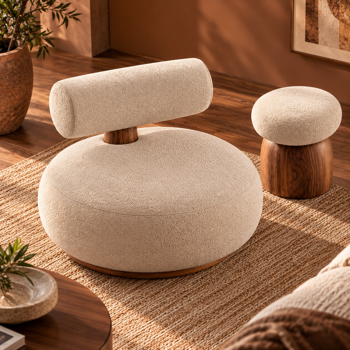 Modern Cream Boucle Lounge Chair with Matching Ottoman, Rounded Upholstered Accent Chair with Wooden Base for Living Room and Bedroom