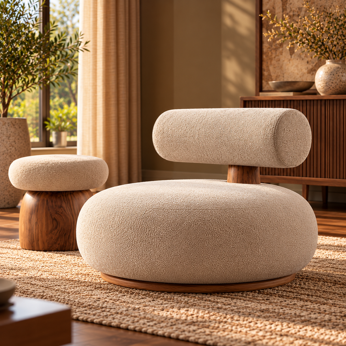 Modern Cream Boucle Lounge Chair with Matching Ottoman, Rounded Upholstered Accent Chair with Wooden Base for Living Room and Bedroom