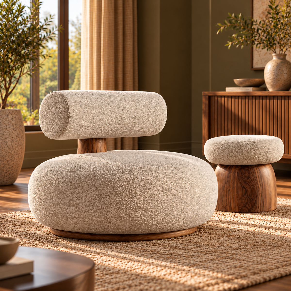 Modern Cream Boucle Lounge Chair with Matching Ottoman, Rounded Upholstered Accent Chair with Wooden Base for Living Room and Bedroom