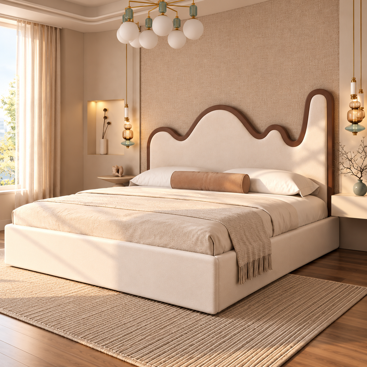 Modern Cream Upholstered Bed with Unique Wavy Wooden Headboard