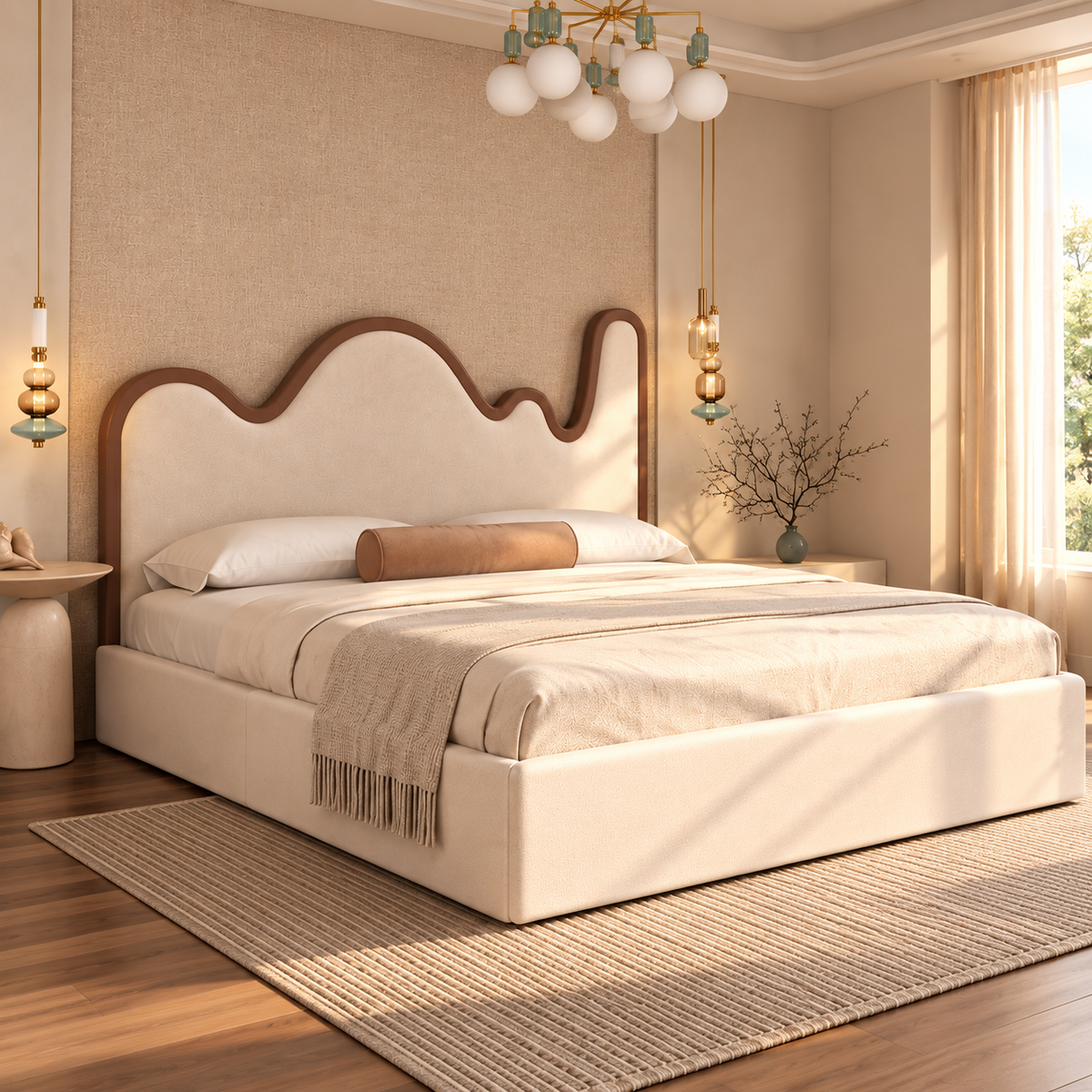 Modern Cream Upholstered Bed with Unique Wavy Wooden Headboard