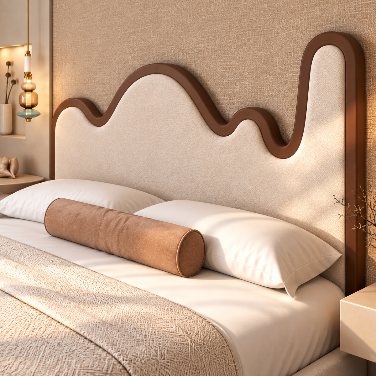 Modern Cream Upholstered Bed with Unique Wavy Wooden Headboard