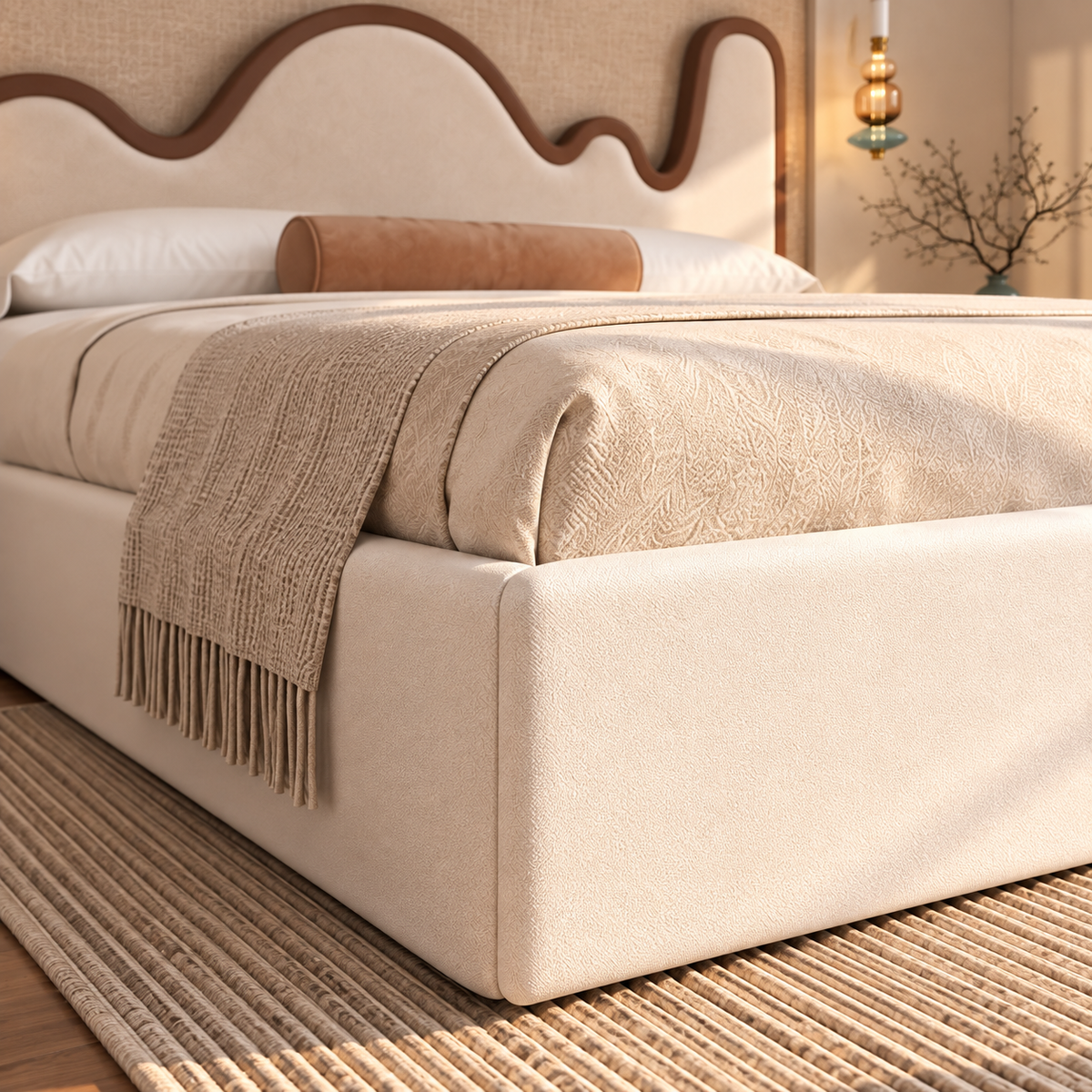 Modern Cream Upholstered Bed with Unique Wavy Wooden Headboard