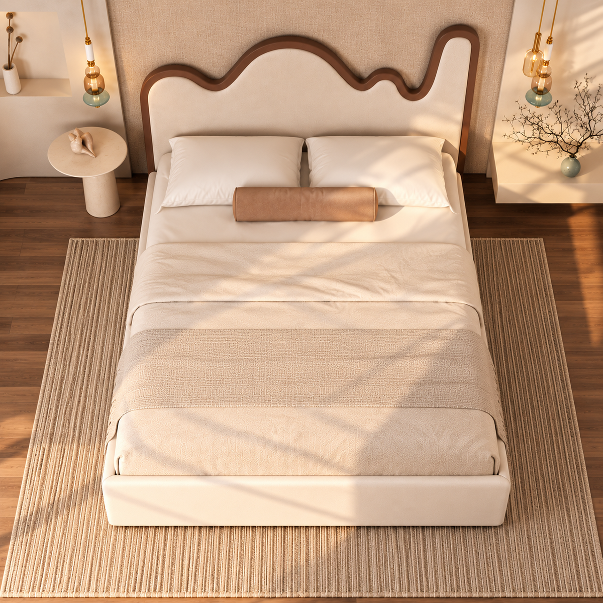 Modern Cream Upholstered Bed with Unique Wavy Wooden Headboard