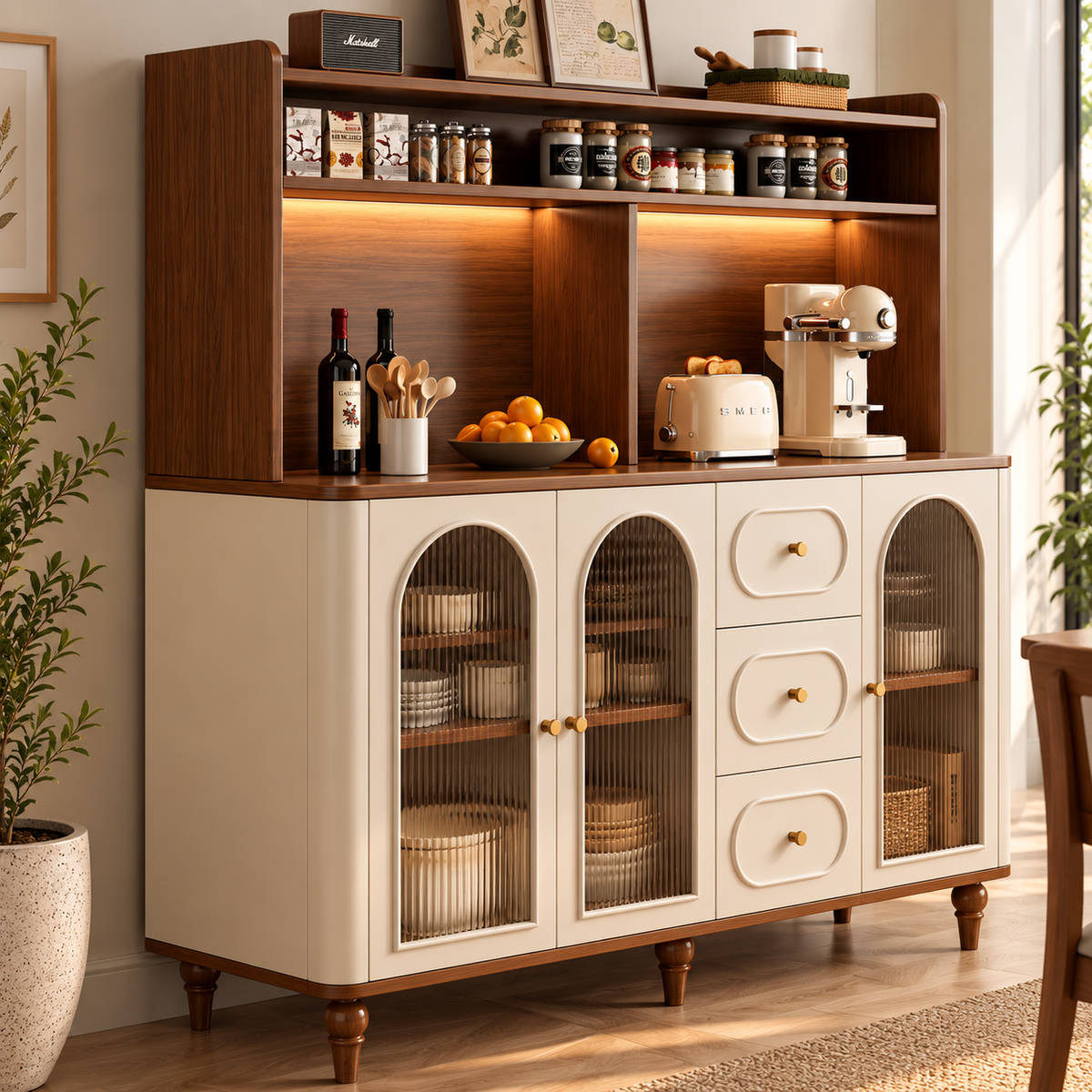 Modern Cream & Walnut Sideboard Cabinet with Fluted Glass Doors, Drawers & Open Hutch
