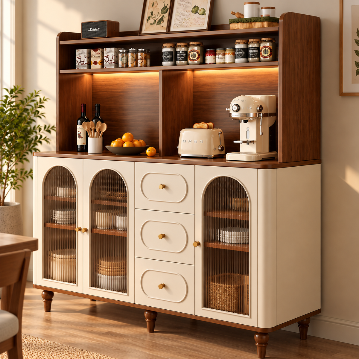 Modern Cream & Walnut Sideboard Cabinet with Fluted Glass Doors, Drawers & Open Hutch