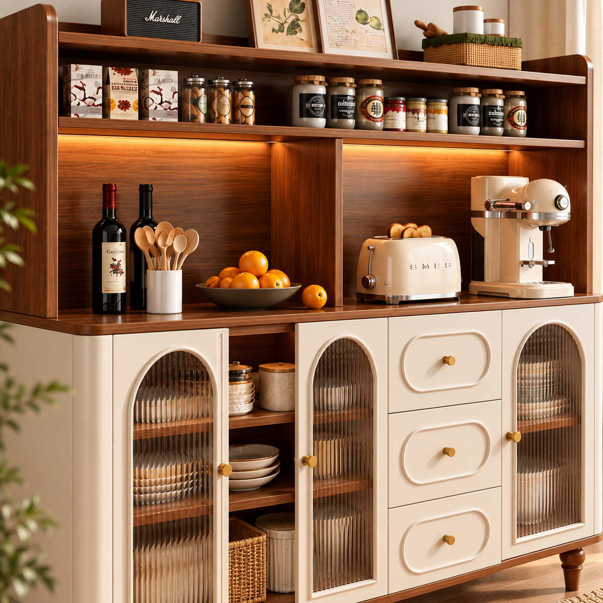 Modern Cream & Walnut Sideboard Cabinet with Fluted Glass Doors, Drawers & Open Hutch