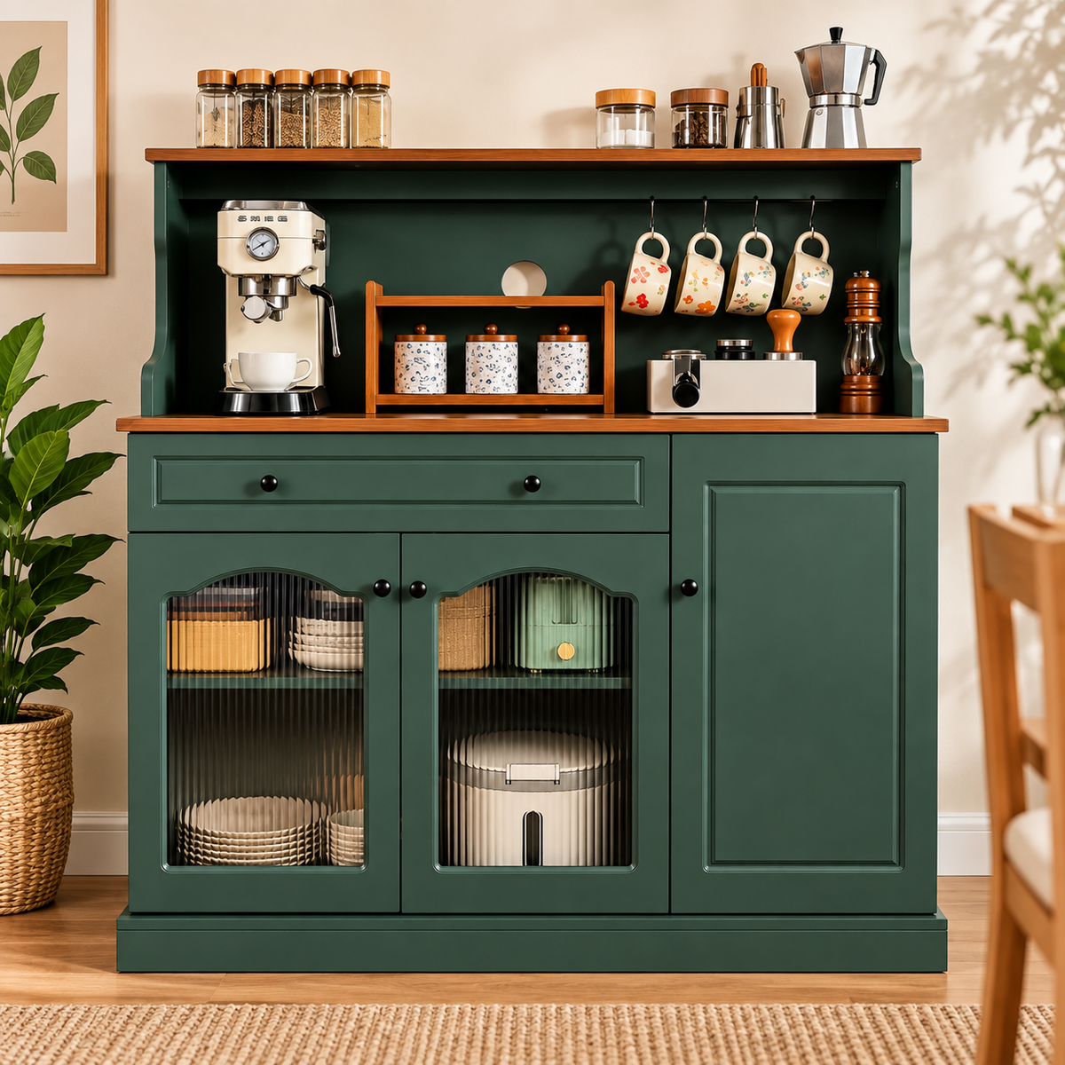 Modern Green Kitchen Buffet Cabinet with Coffee Station

