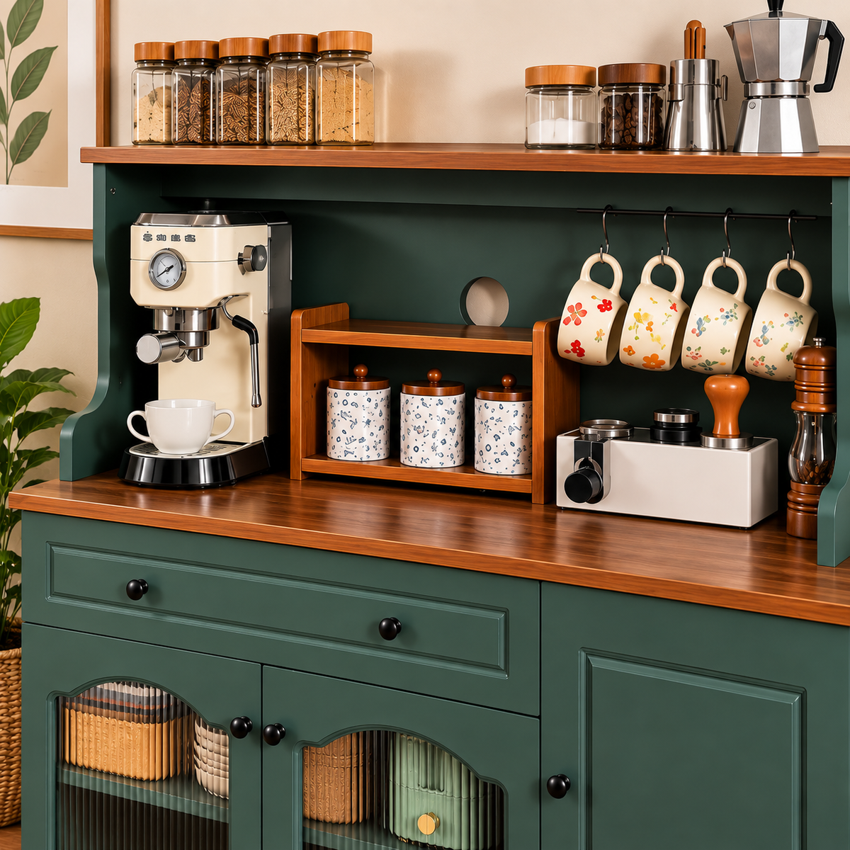 Modern Green Kitchen Buffet Cabinet with Coffee Station