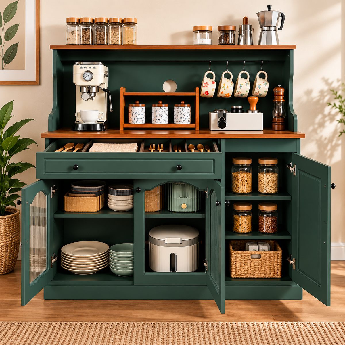 Modern Green Kitchen Buffet Cabinet with Coffee Station