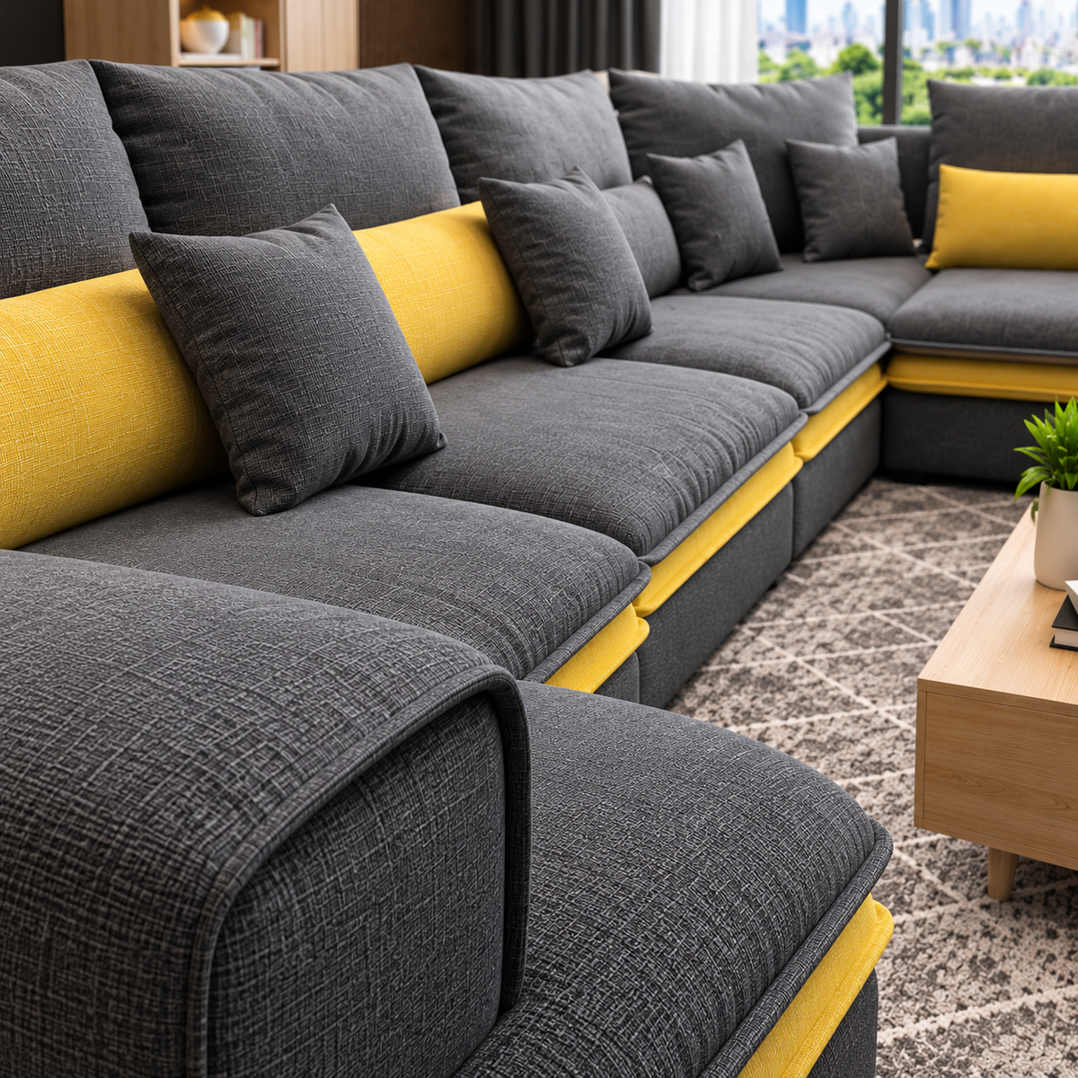Modern L-Shaped Sectional Sofa Set for Living Room  Luxury 7-Seater Grey Fabric Corner Sofa with Chaise & Yellow Accent