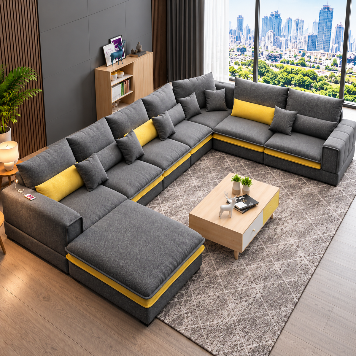 Modern L-Shaped Sectional Sofa Set for Living Room  Luxury 7-Seater Grey Fabric Corner Sofa with Chaise & Yellow Accent