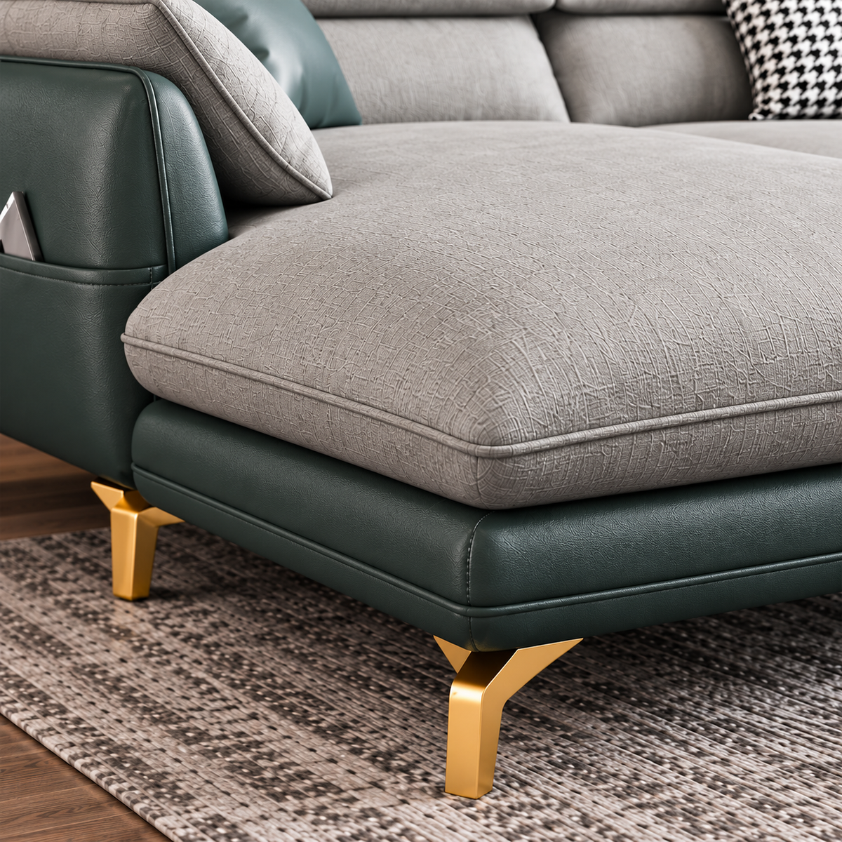 Modern L-Shaped Sectional Sofa with Chaise, Premium Textured Fabric Upholstery, Deep Teal Green Base & Gold Metal Legs, Luxury Contemporary Sofa for Living Room