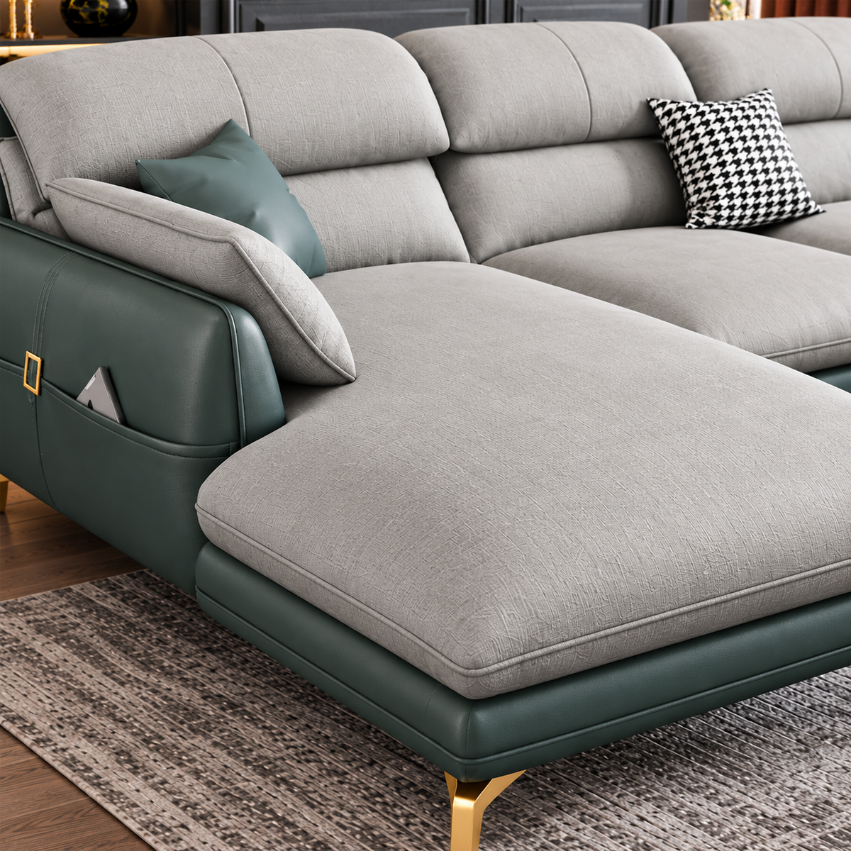 Modern L-Shaped Sectional Sofa with Chaise, Premium Textured Fabric Upholstery, Deep Teal Green Base & Gold Metal Legs, Luxury Contemporary Sofa for Living Room