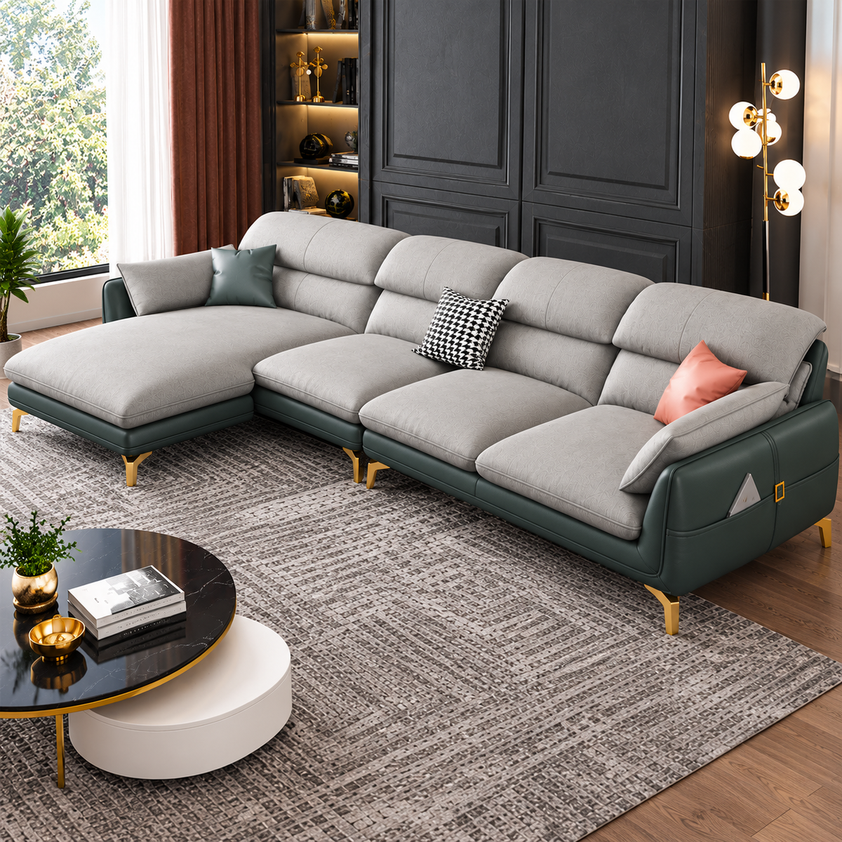 Modern L-Shaped Sectional Sofa with Chaise, Premium Textured Fabric Upholstery, Deep Teal Green Base & Gold Metal Legs, Luxury Contemporary Sofa for Living Room