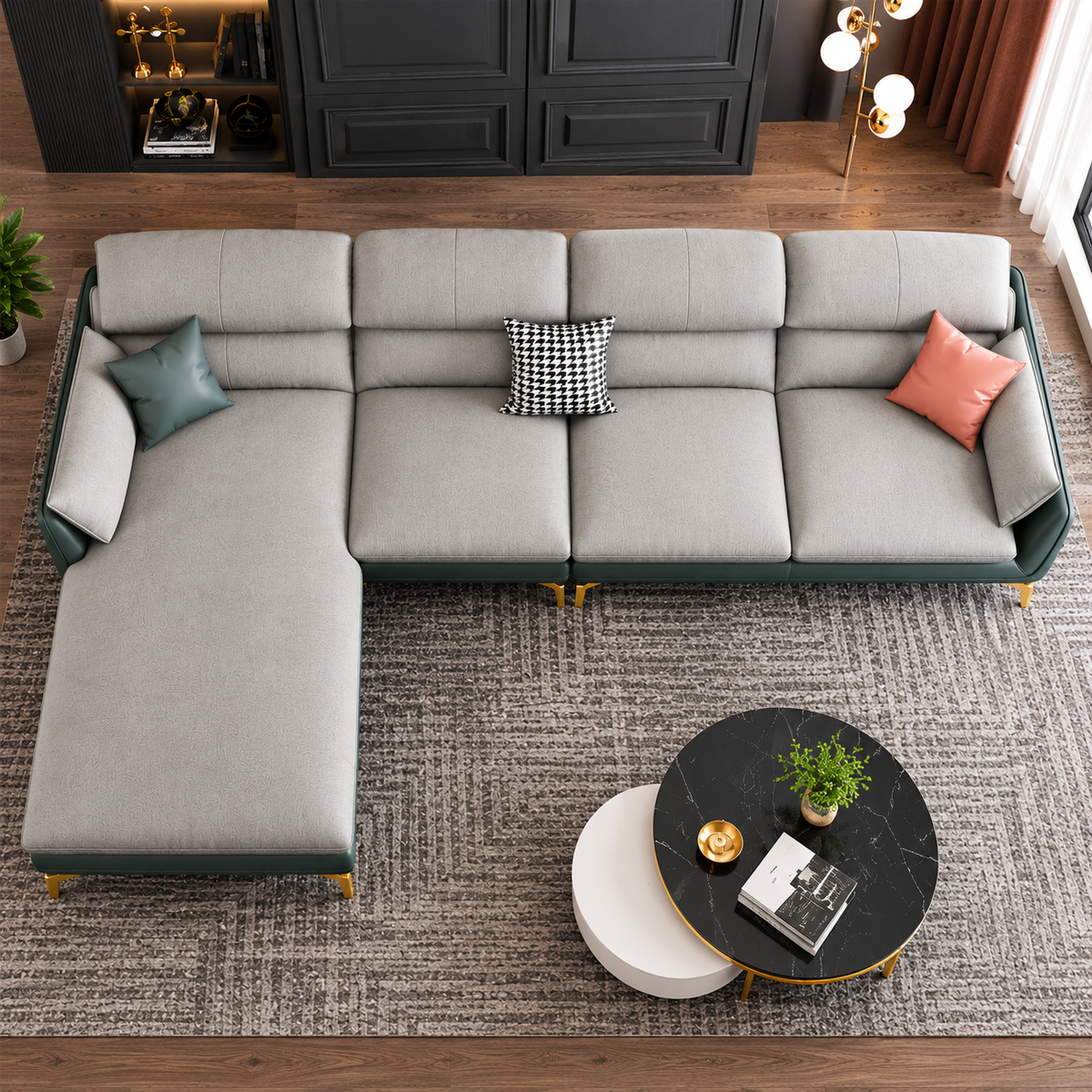 Modern L-Shaped Sectional Sofa with Chaise, Premium Textured Fabric Upholstery, Deep Teal Green Base & Gold Metal Legs, Luxury Contemporary Sofa for Living Room