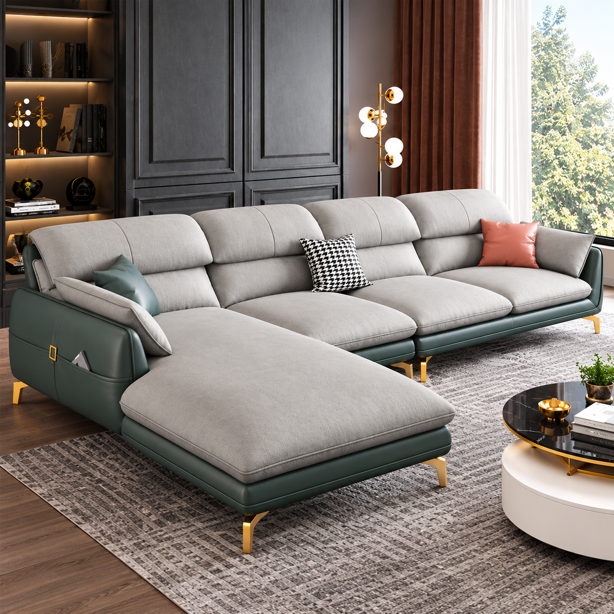 Modern L-Shaped Sectional Sofa with Chaise, Premium Textured Fabric Upholstery, Deep Teal Green Base & Gold Metal Legs, Luxury Contemporary Sofa for Living Room