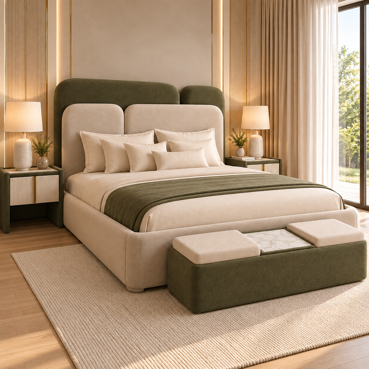Modern Luxury Upholstered King Size Bed with Olive Green Headboard, Beige Fabric Finish & Contemporary Bedroom Design