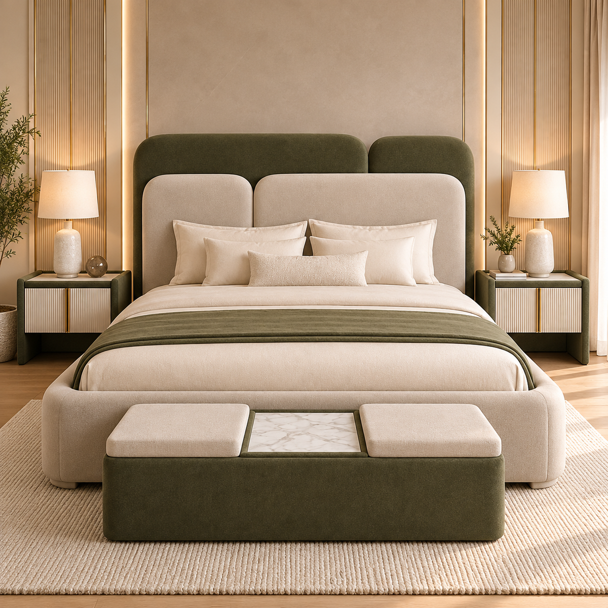Modern Luxury Upholstered King Size Bed with Olive Green Headboard, Beige Fabric Finish & Contemporary Bedroom Design