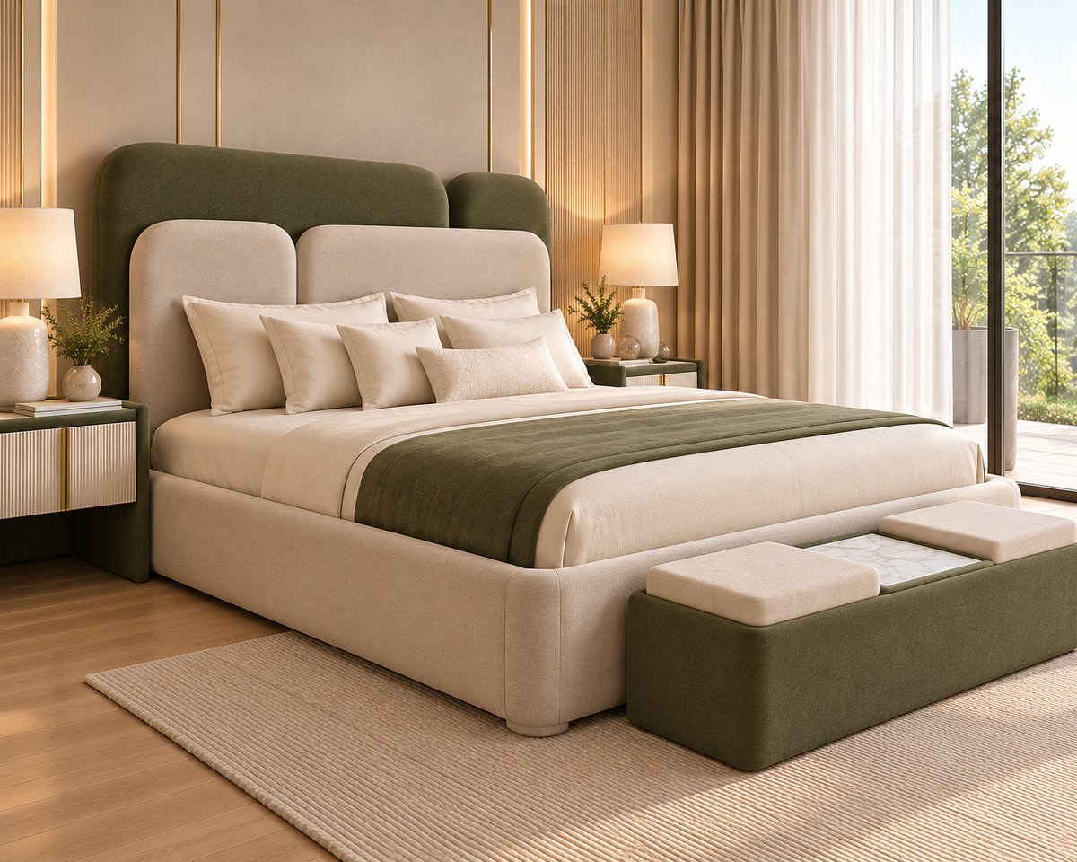 Modern Luxury Upholstered King Size Bed with Olive Green Headboard, Beige Fabric Finish & Contemporary Bedroom Design