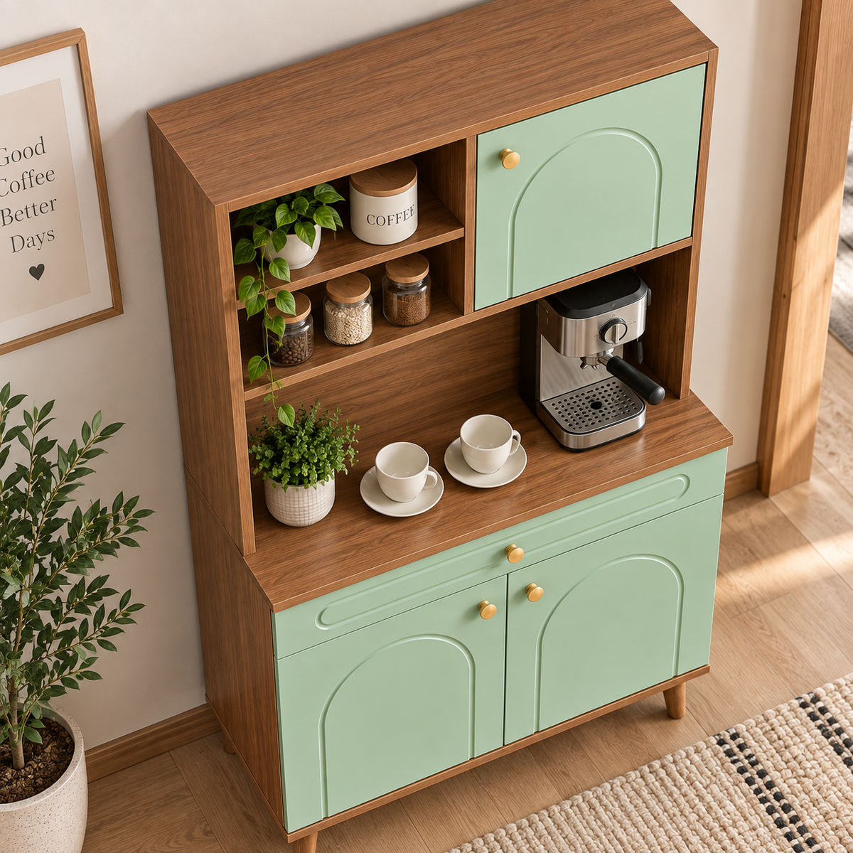 Modern Mint Green Coffee Cabinet with Storage | Wooden Coffee Bar Cabinet | Kitchen Counter Coffee Station Organizer