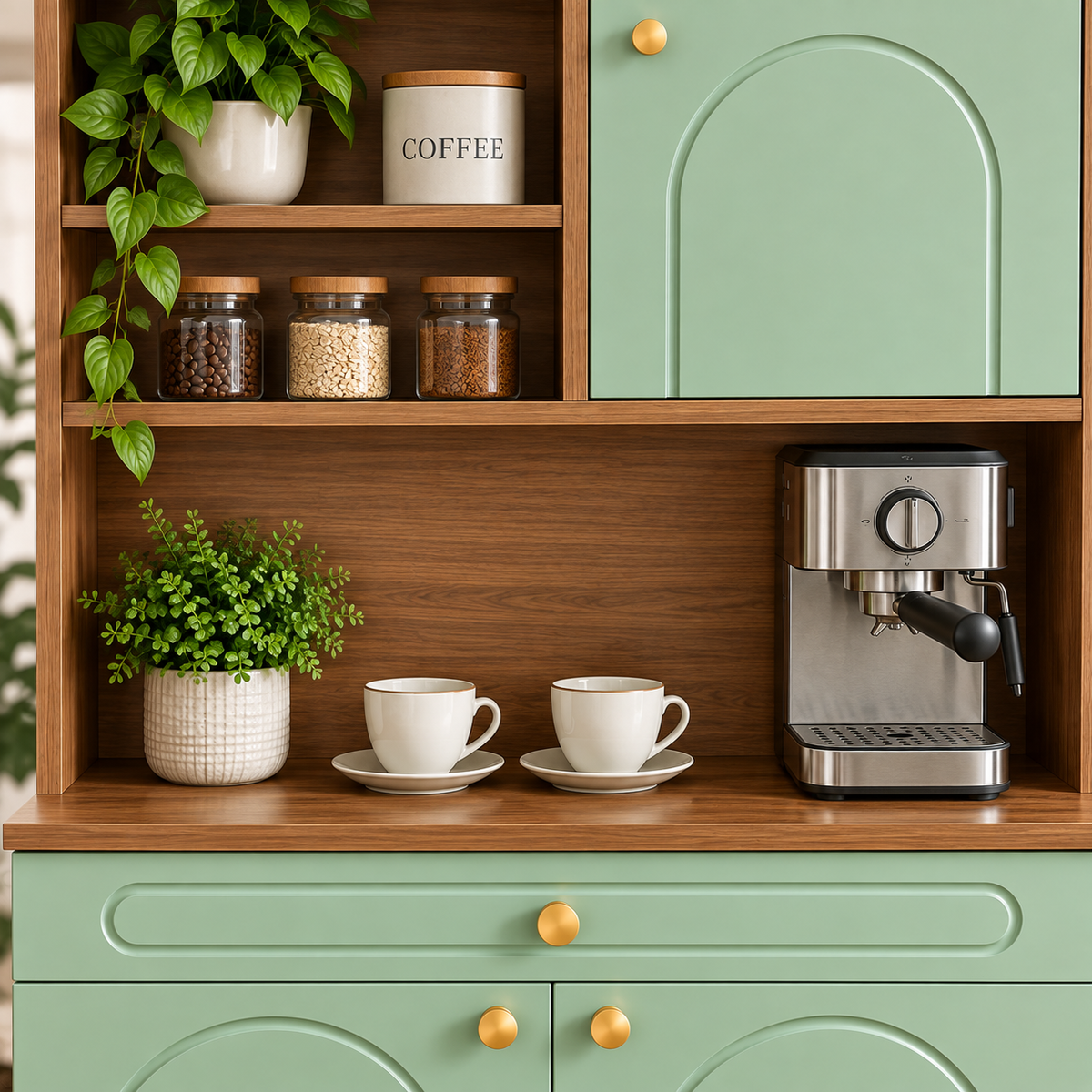 Modern Mint Green Coffee Cabinet with Storage | Wooden Coffee Bar Cabinet | Kitchen Counter Coffee Station Organizer
