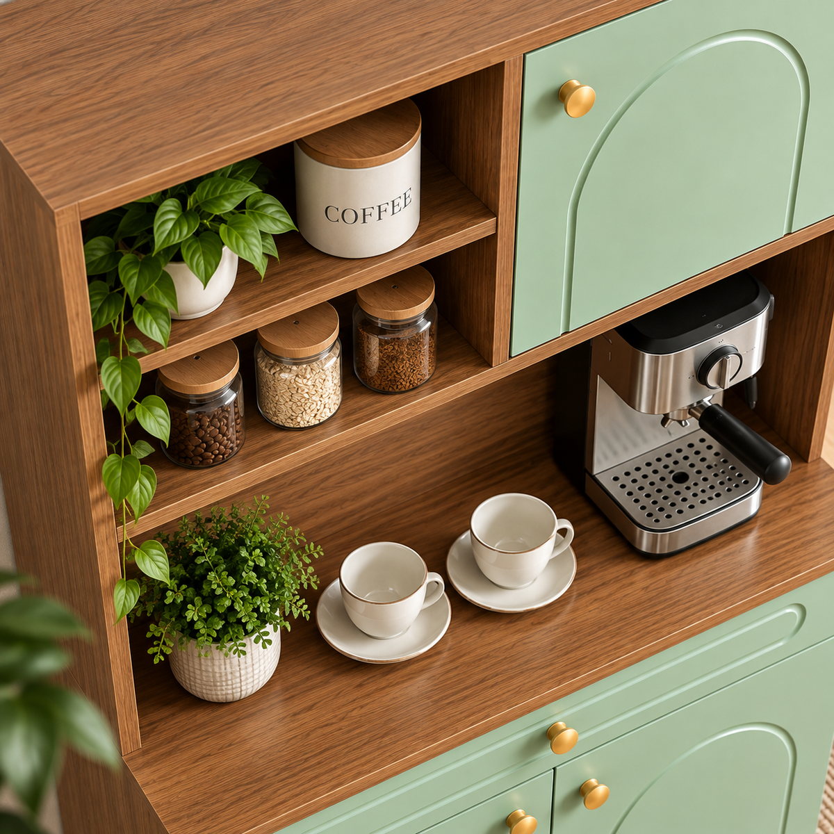 Modern Mint Green Coffee Cabinet with Storage | Wooden Coffee Bar Cabinet | Kitchen Counter Coffee Station Organizer